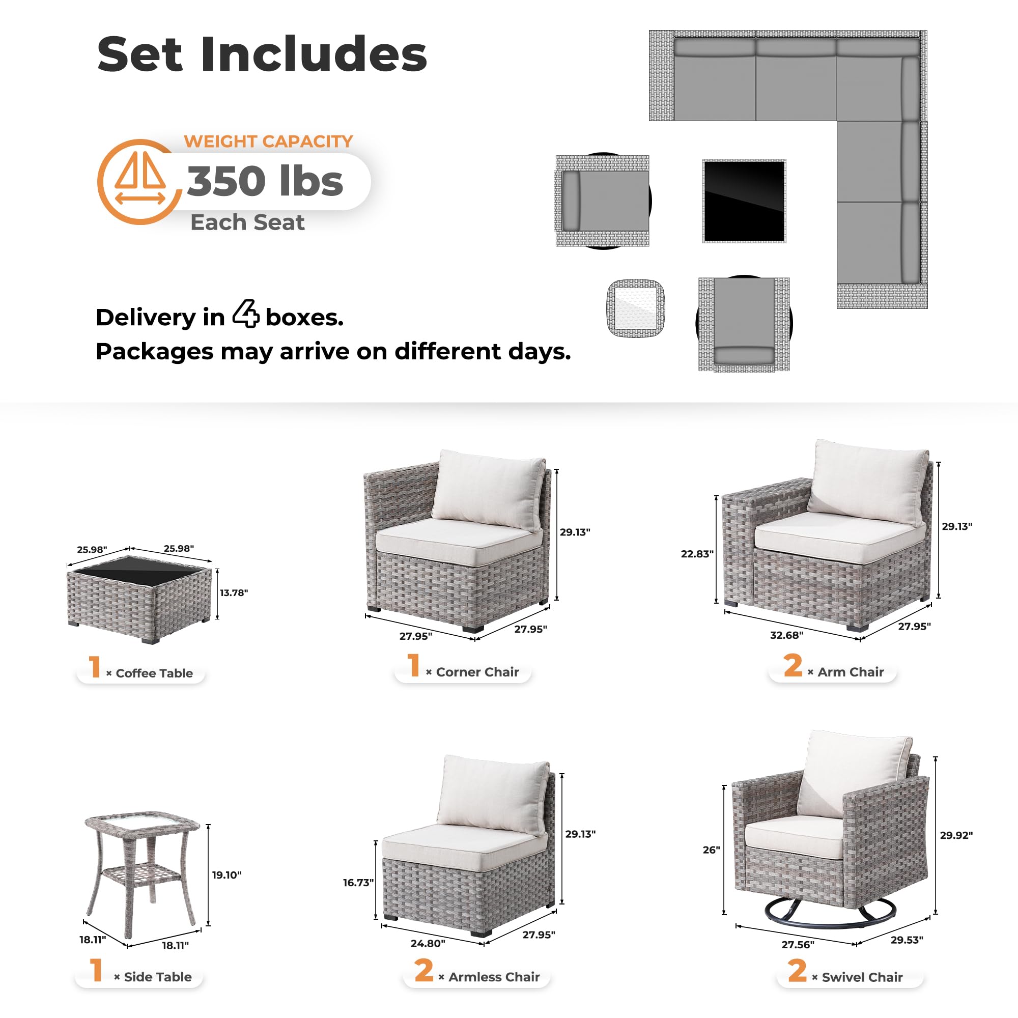 OVIOS 9-Piece Outdoor Furniture Set diagram with gray wicker, swivel chairs, and dimensions, capacity 350 lbs each seat.