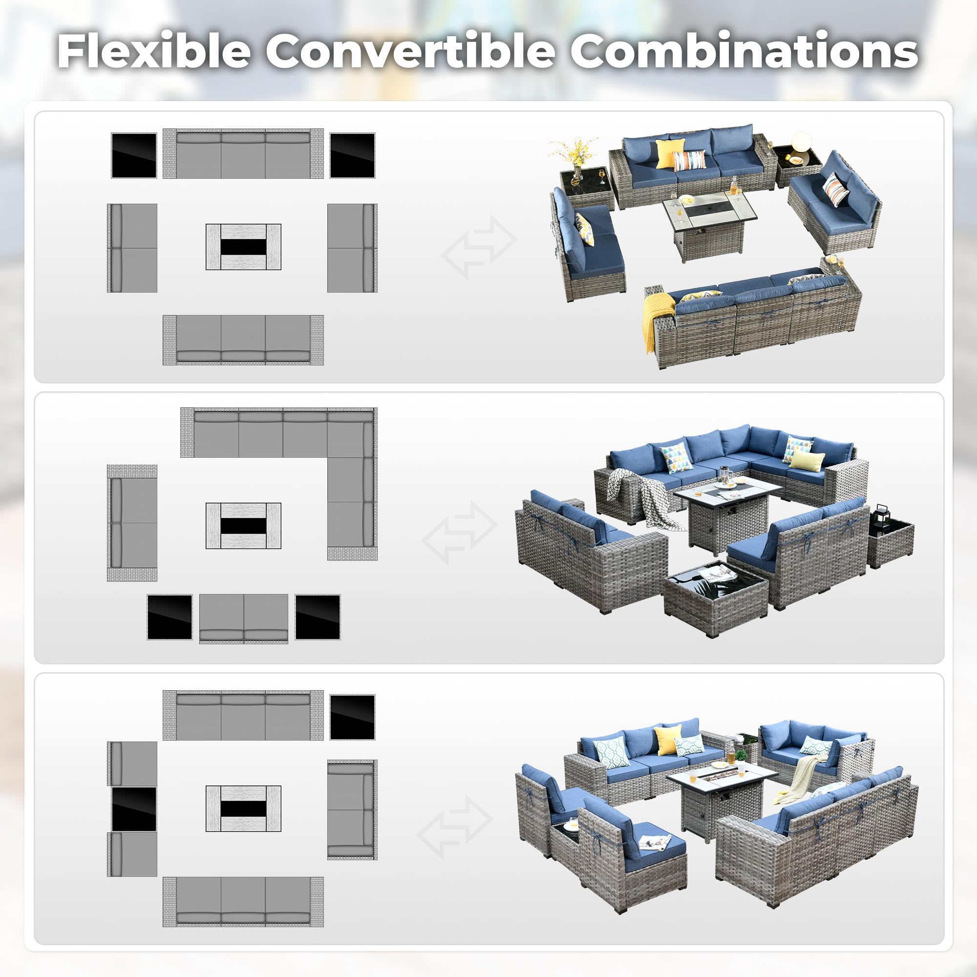 Ovios 13 Pieces Outdoor Furniture with 7.68'' Broad Handrails and Rectangle 42.12'' Fire Pit Table