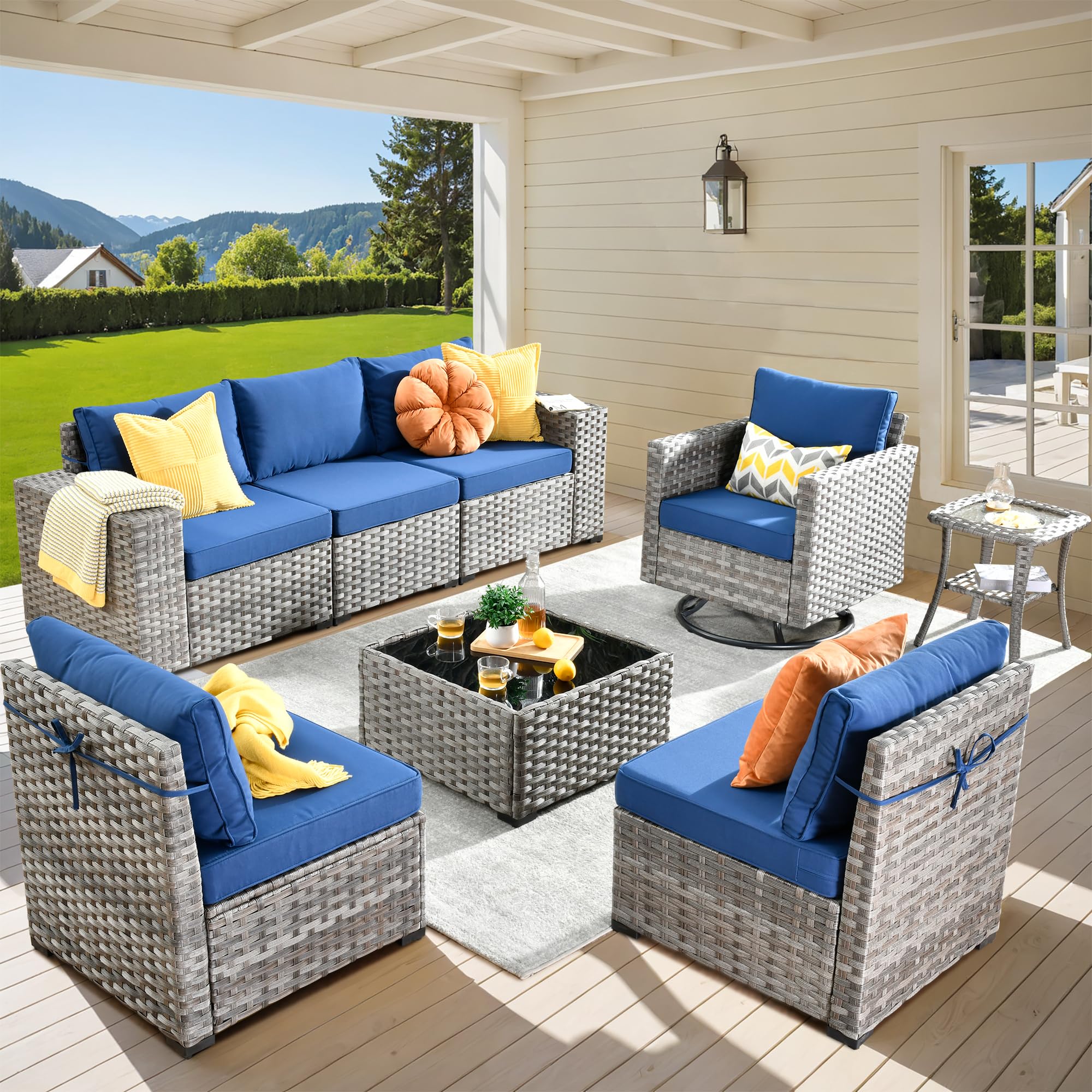 Navy Blue Ovios 8-piece grey wicker outdoor patio furniture set, sectional sofa & swivel chair.
