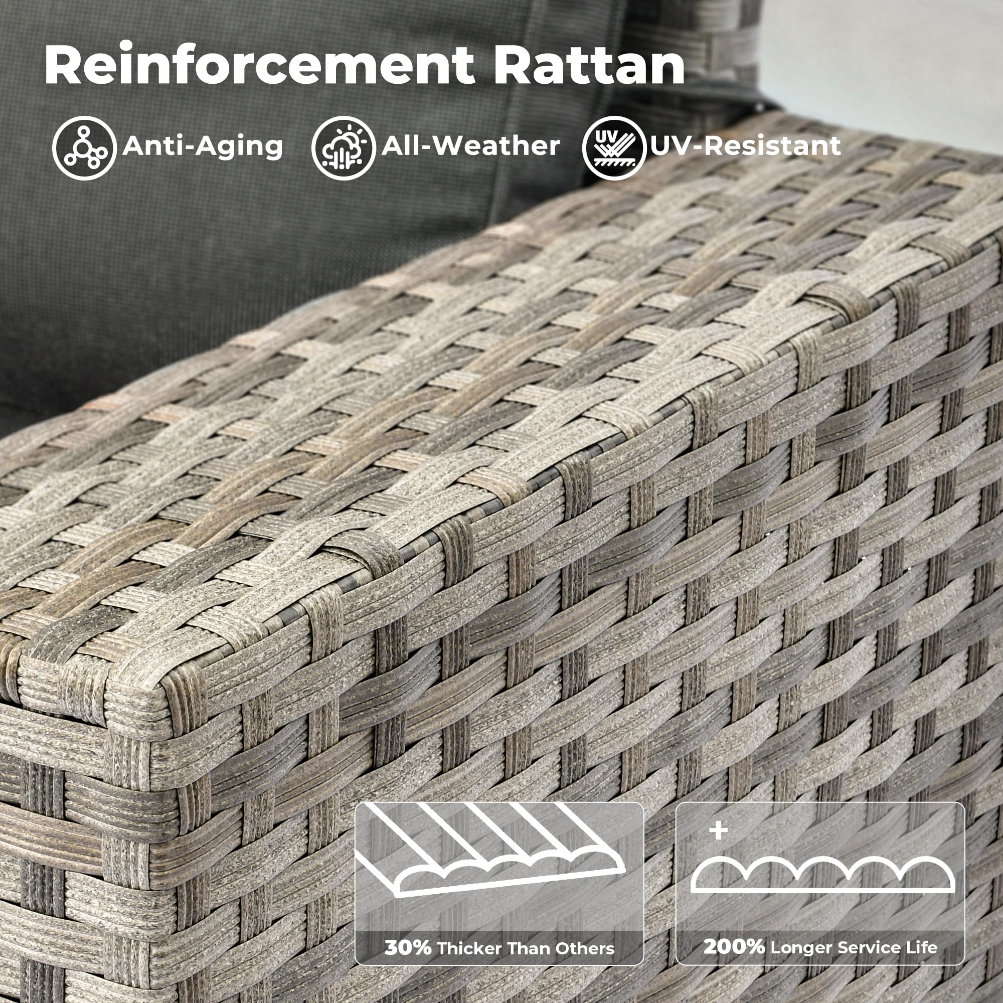 OVIOS outdoor sectional sofa gray rattan detail: anti-aging, all-weather, UV-resistant. Patio furniture.