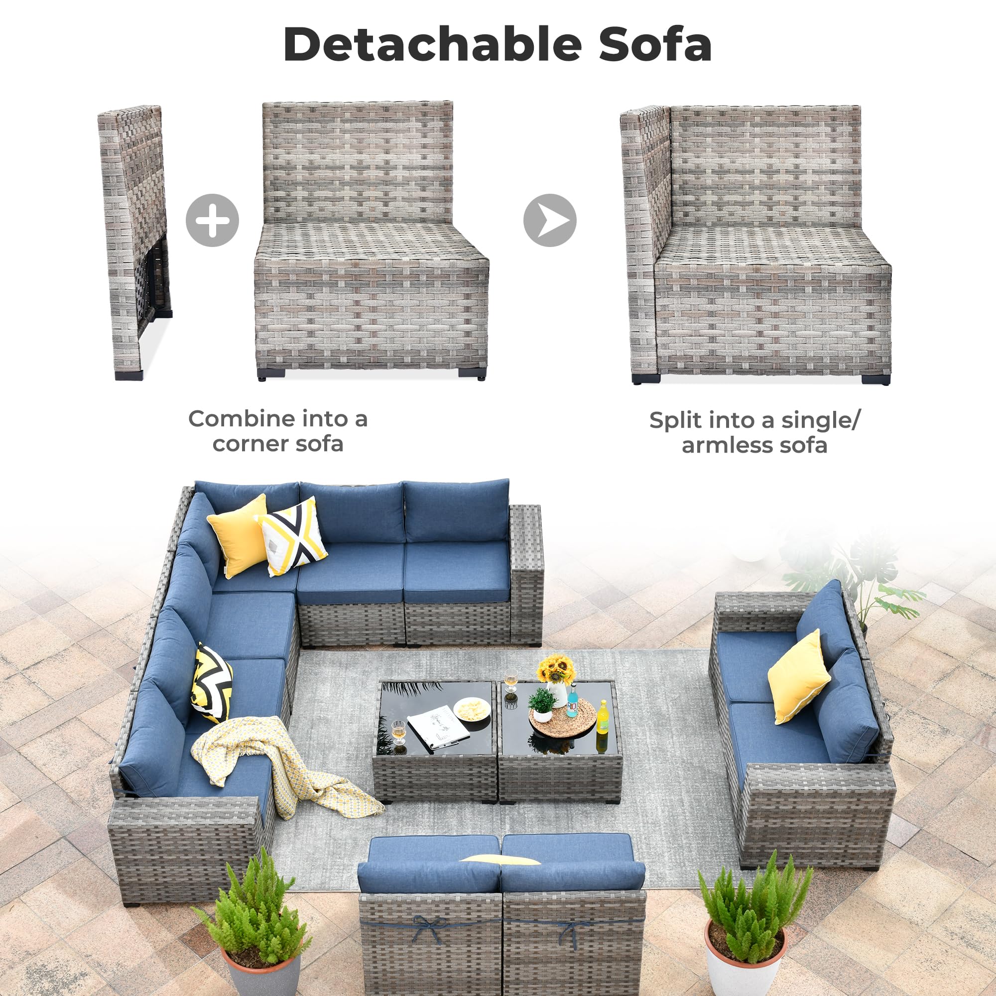 Denim Blue OVIOS 12-piece outdoor wicker conversation set with detachable modular sofa sections.