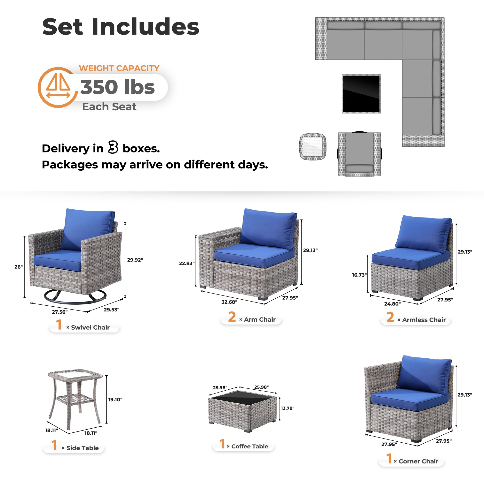 Navy Blue Ovios 8-piece outdoor sectional patio set components: swivel chair, tables, dimensions, weight capacity.