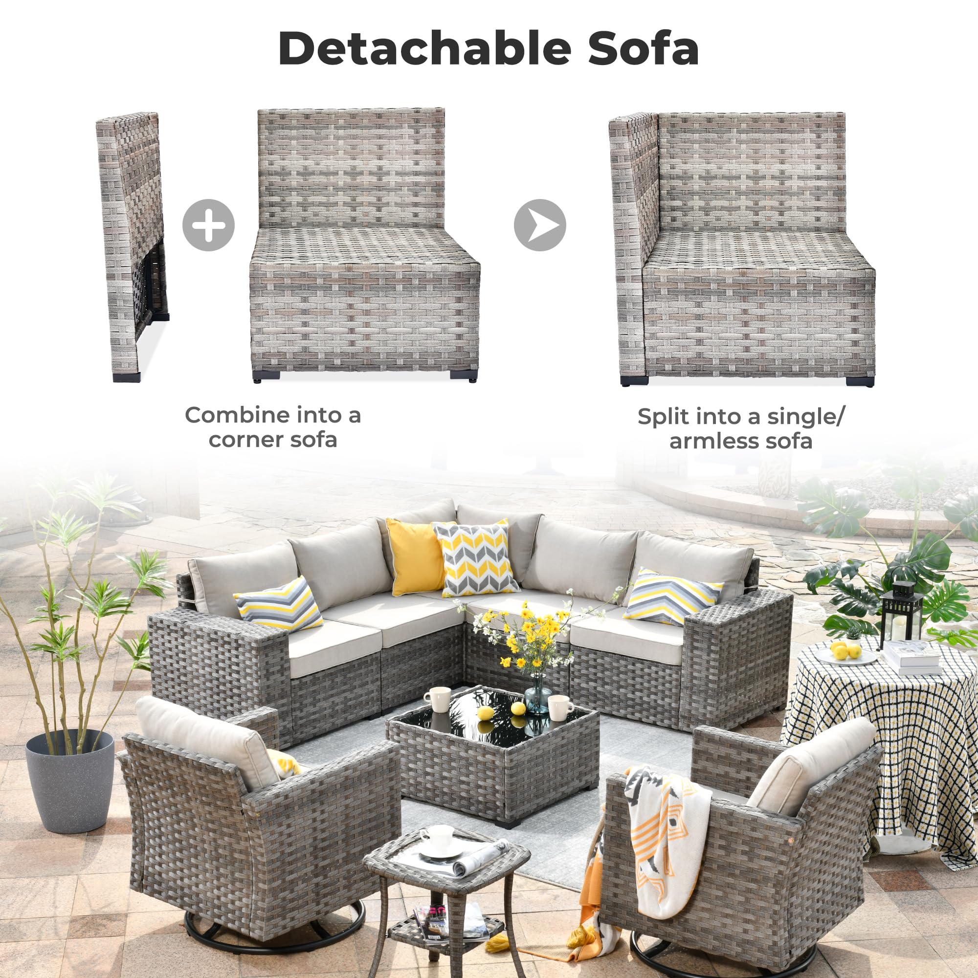 Beige | OVIOS Detachable Sofa in gray wicker, convertible to corner or armless sofa for patio layouts