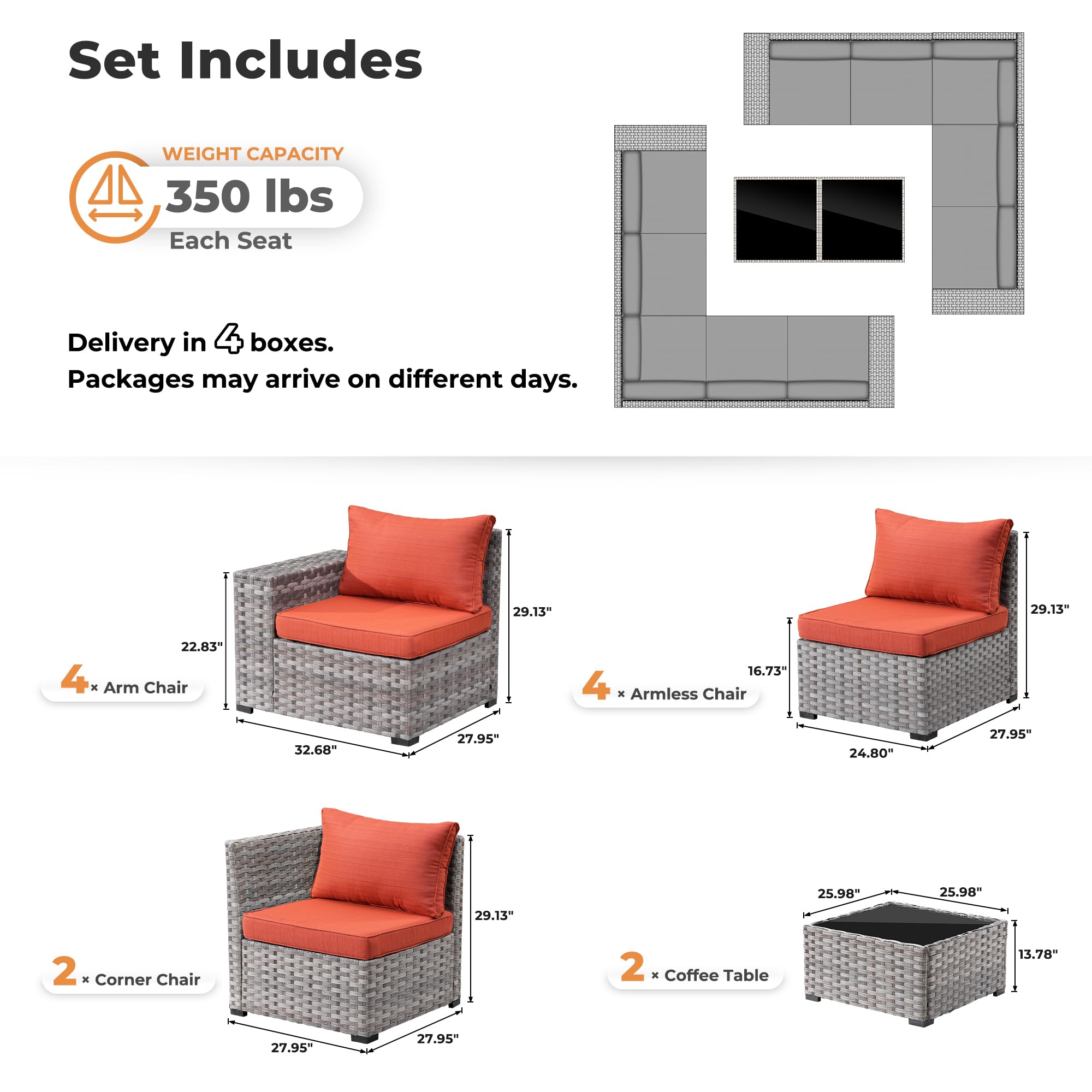OVIOS 12-piece grey wicker patio conversation set with Orange Red cushions: 4 arm chairs, 4 armless, 2 corner, 2 tables.