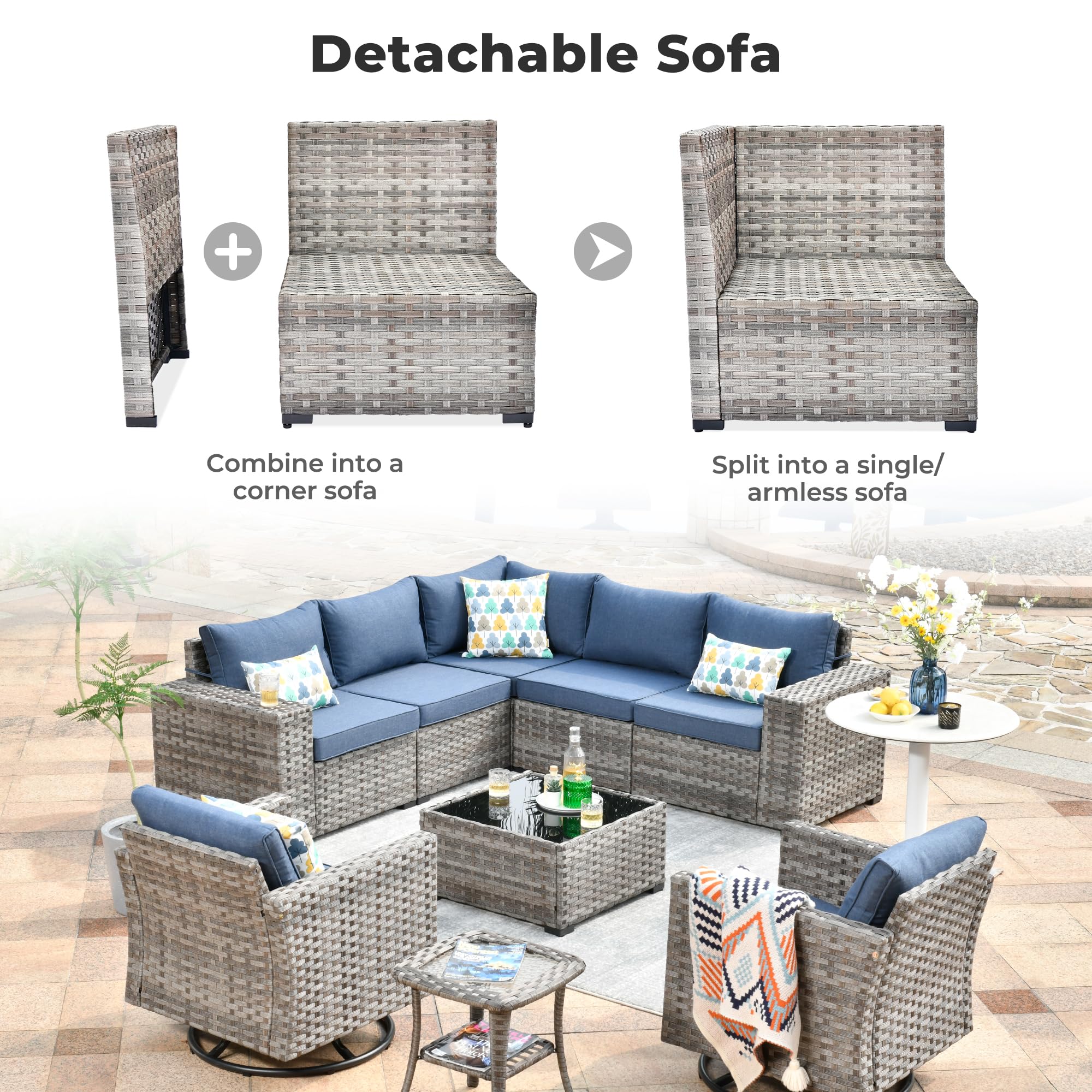 Denim Blue | OVIOS Detachable Sofa in gray wicker, convertible to corner or armless sofa for patio layouts