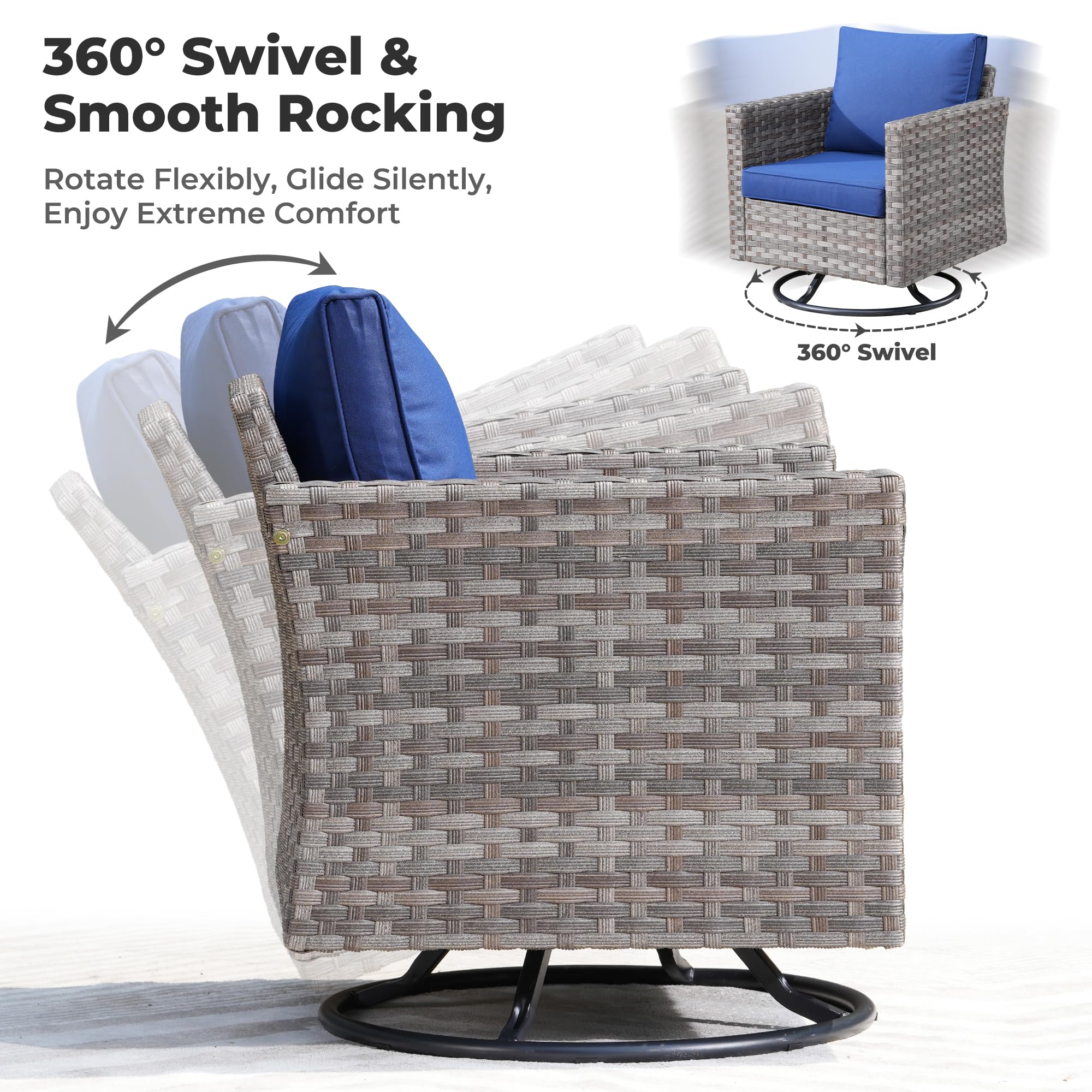 OVIOS swivel chair with blue cushions, gray wicker, 360-degree rotation, smooth rocking for patio