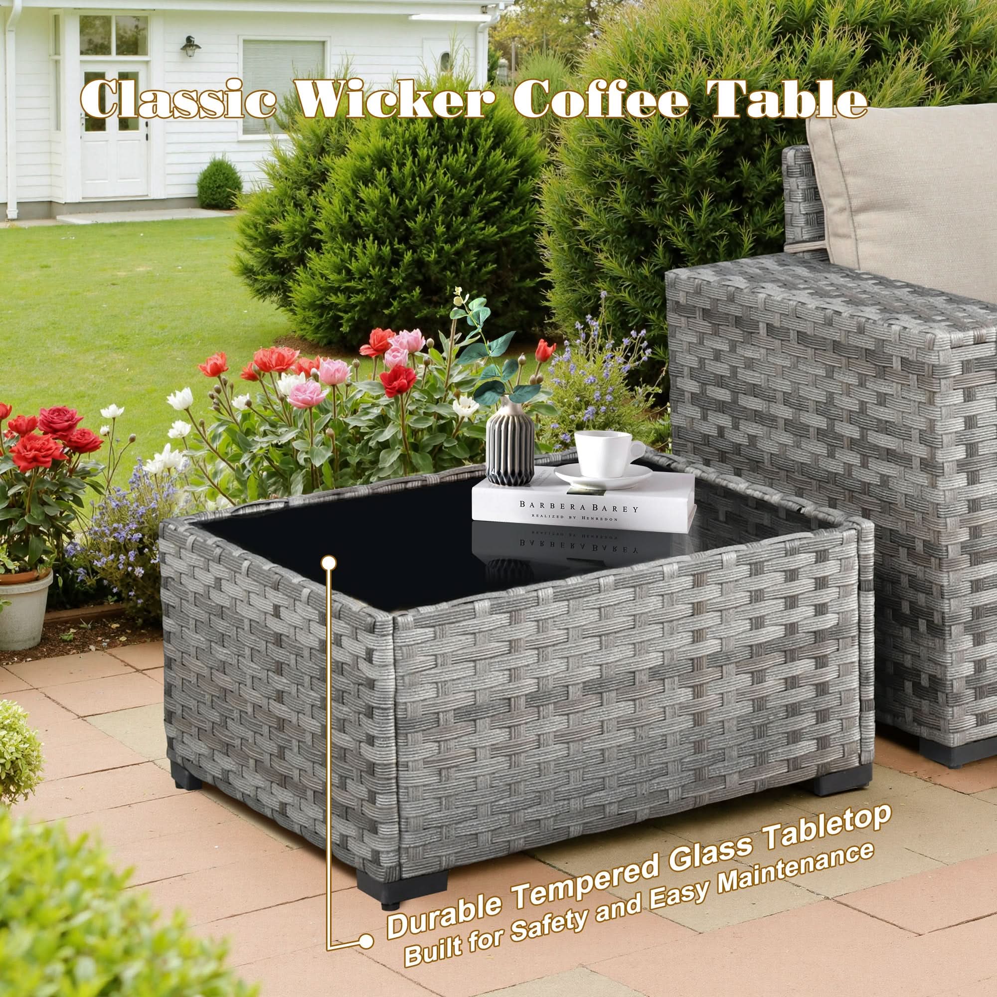 Classic grey wicker coffee table with durable tempered glass top for patio set.Beige