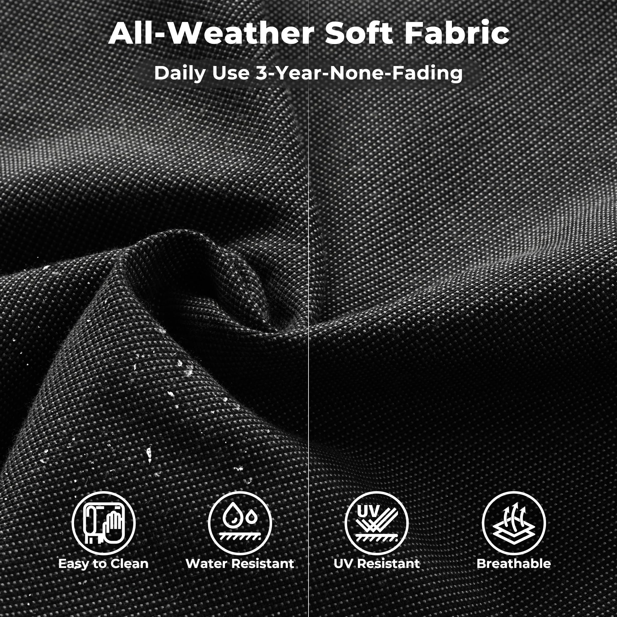 OVIOS outdoor sectional sofa fabric detail: all-weather, UV resistant, and breathable with 3-year-none-fading guarantee