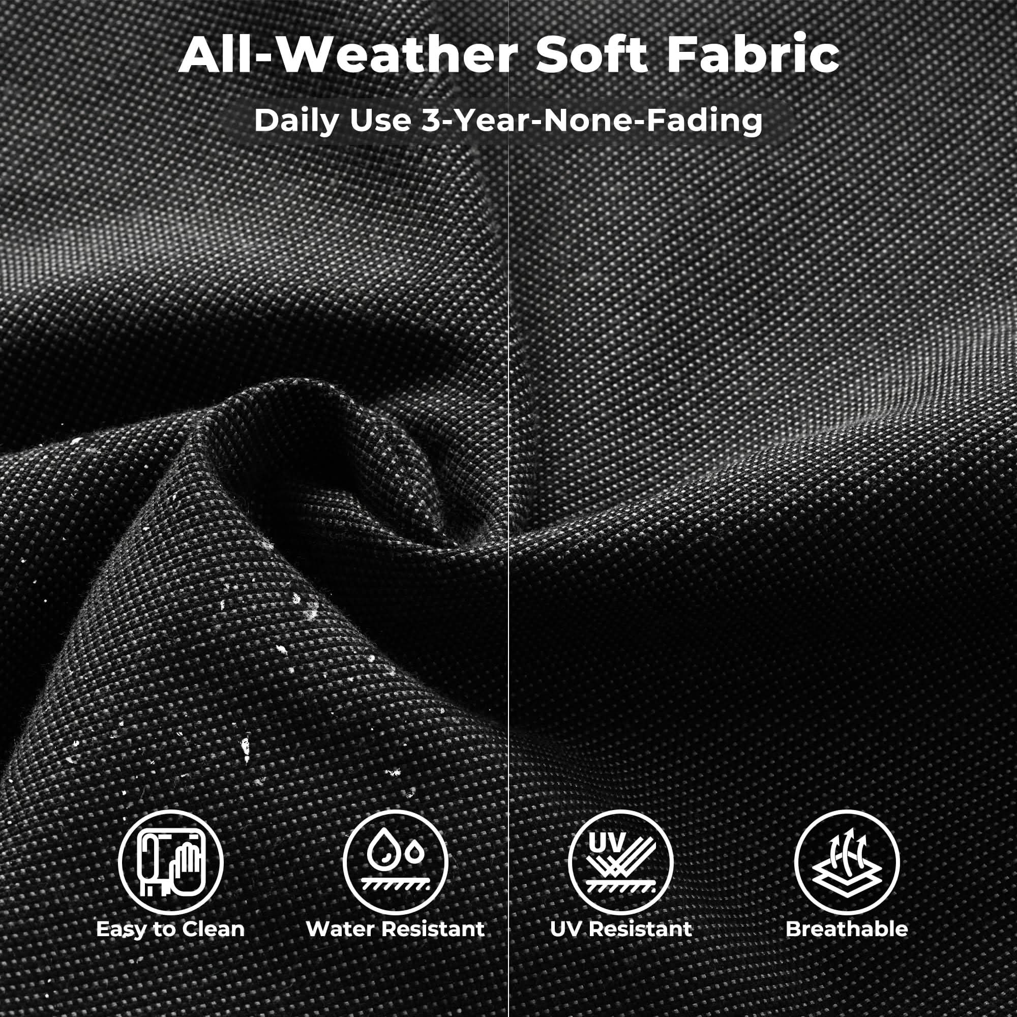 OVIOS outdoor sectional sofa fabric detail: all-weather, UV resistant, and breathable with 3-year-none-fading guarantee