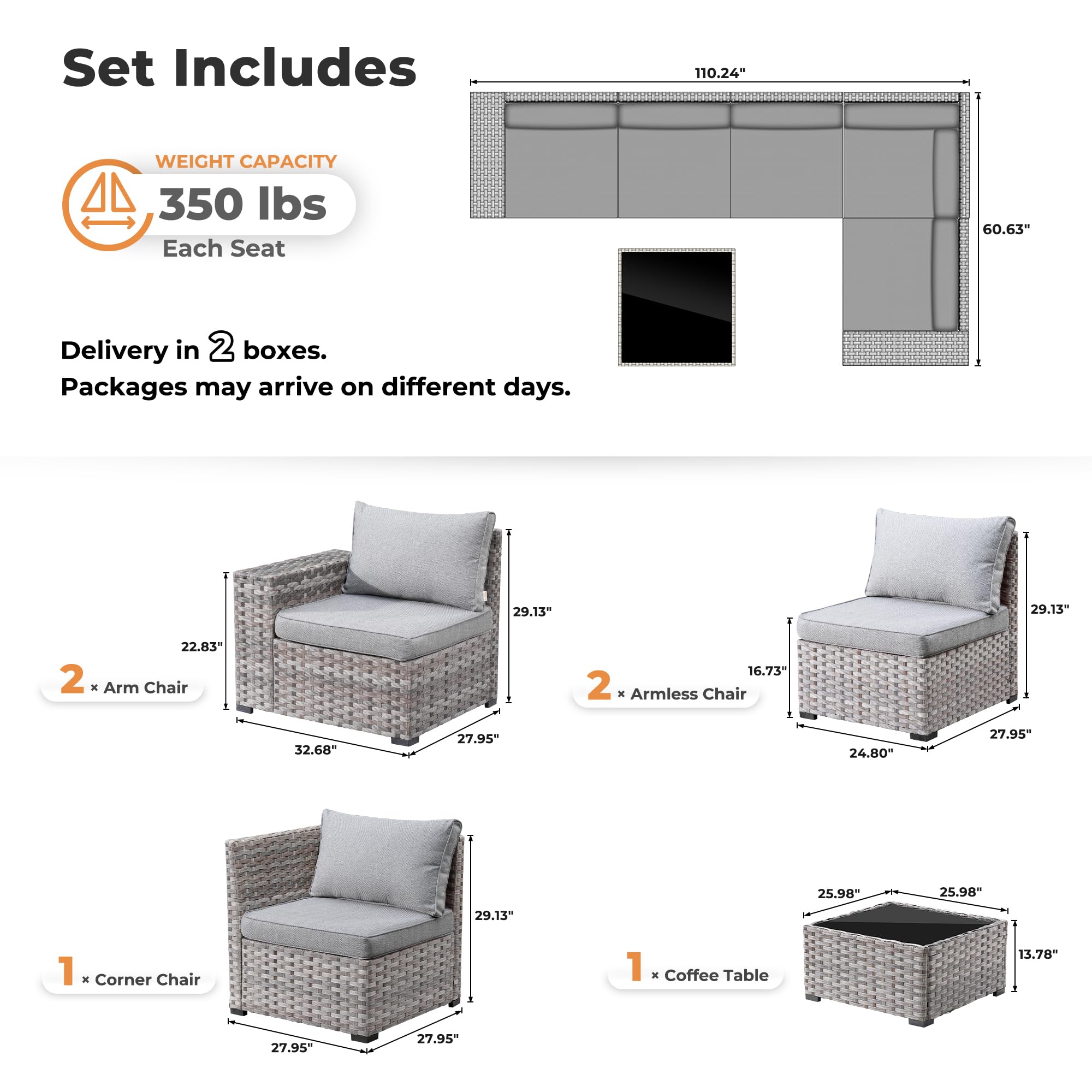 OVIOS 6-Piece Outdoor Sectional Sofa dimensions diagram, including weight capacity, and delivery details.