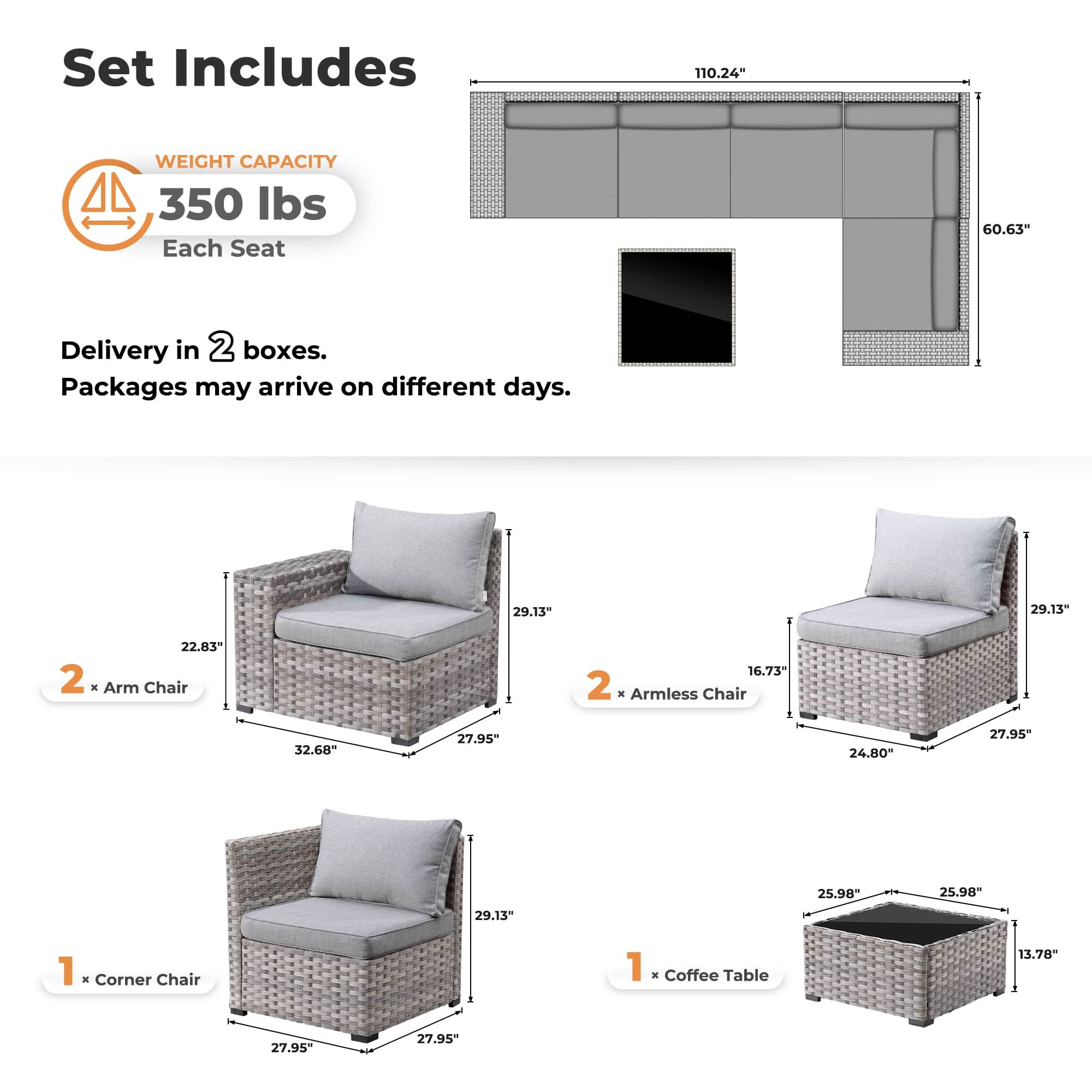 Light Grey OVIOS 6-Piece Outdoor Sectional Sofa dimensions diagram, including weight capacity, and delivery details.