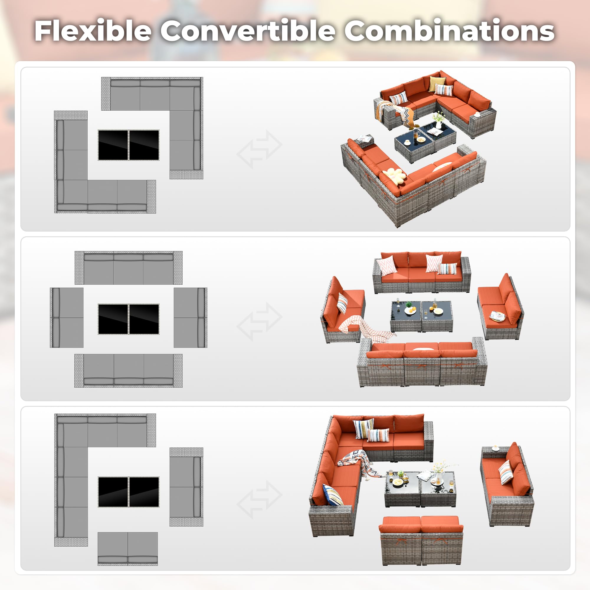 OVIOS 12-pc patio conversation set: flexible configurations, grey wicker, Orange Red cushions.