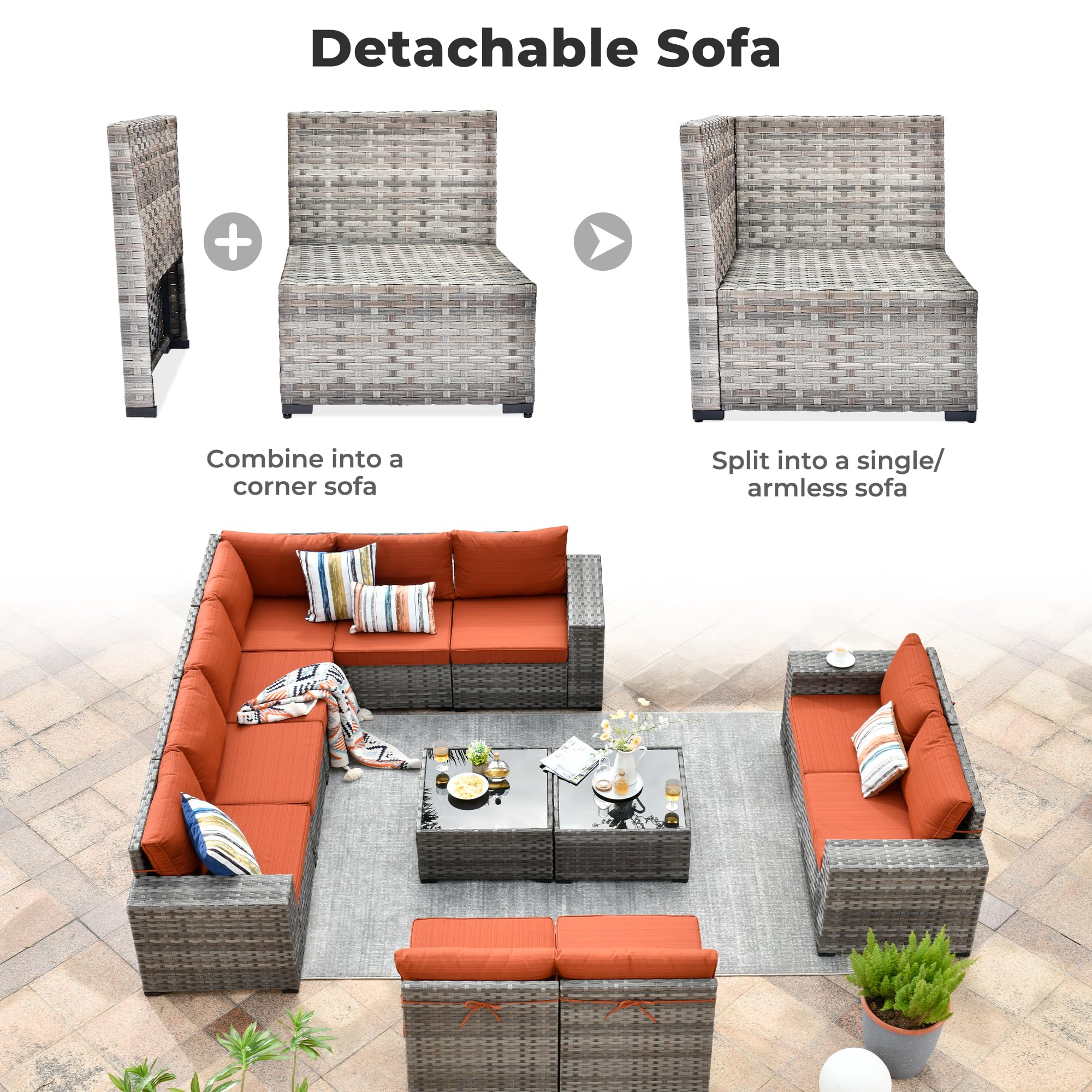 OVIOS detachable gray wicker modular patio sofa set with Orange Red cushions