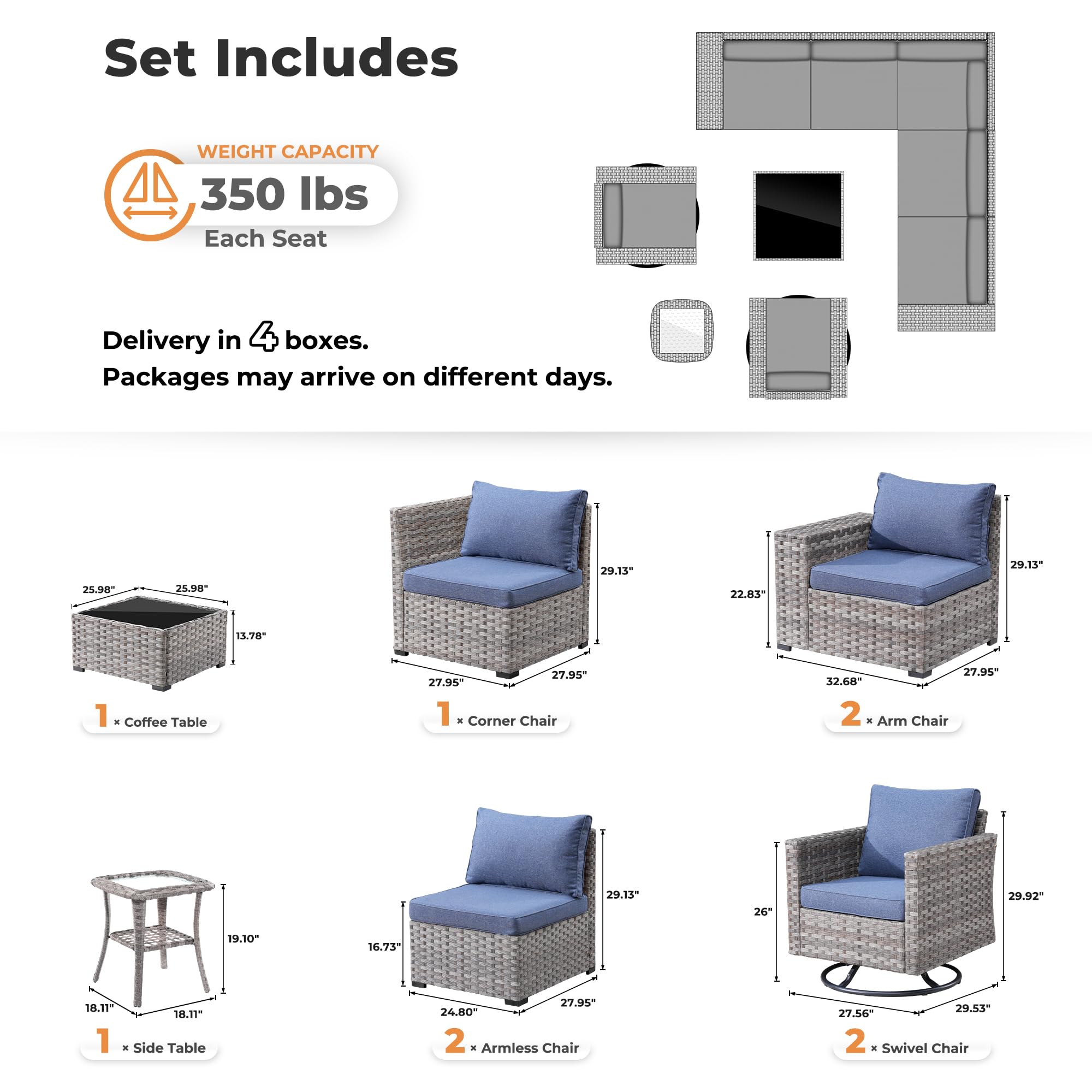 OVIOS Outdoor Furniture Set layout, gray wicker and blue cushions, 350 lbs capacity, includes swivel chairs