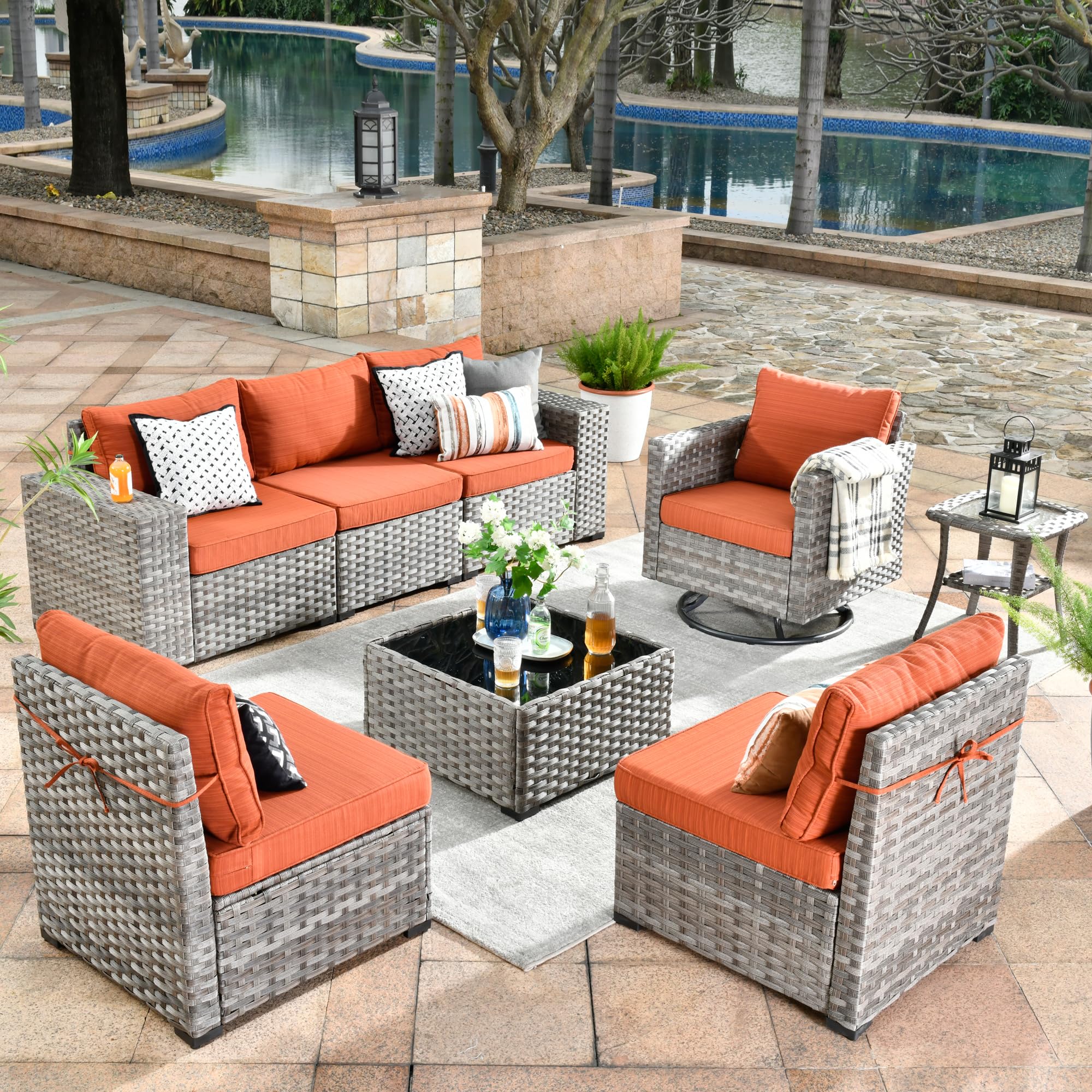 Orange Red Ovios 8pc grey wicker modular sectional sofa & orange swivel chair set
