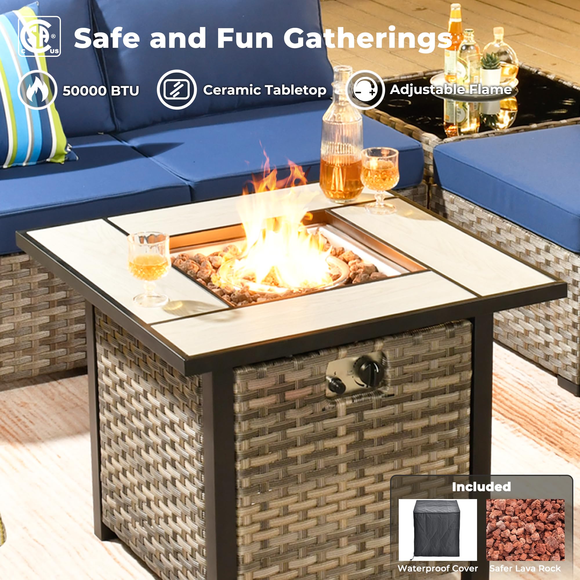 OVIOS fire pit table with ceramic top, gray wicker base, adjustable flame, and blue cushions, safe for outdoor gatherings.