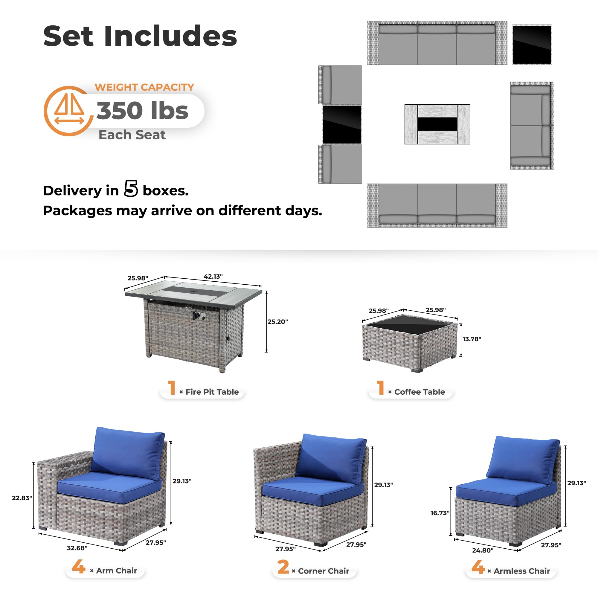 Ovios 13 Pieces Outdoor Furniture with 7.68'' Broad Handrails and Rectangle 42.12'' Fire Pit Table