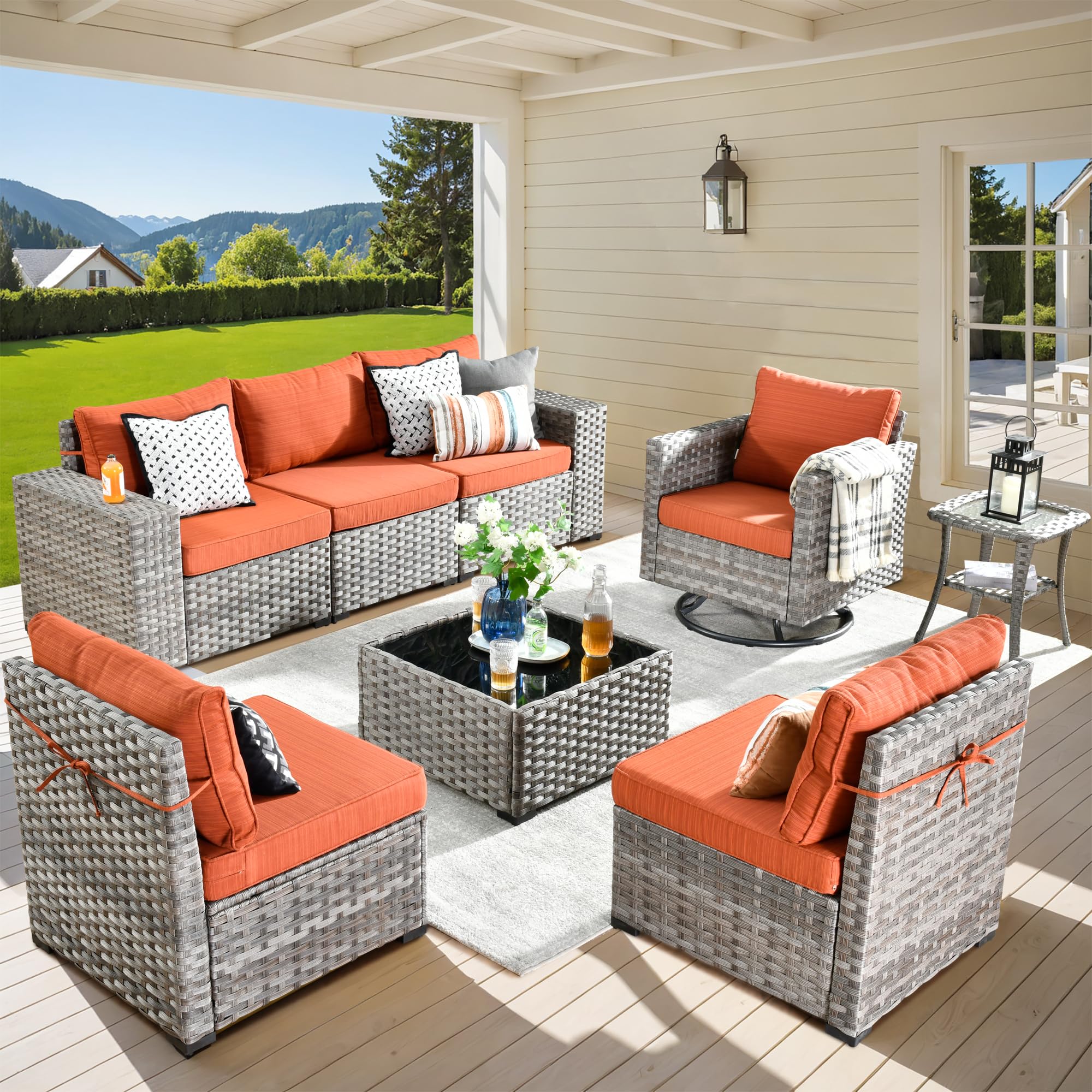 Orange Red Ovios 8-piece modular outdoor patio furniture set with grey wicker, orange cushions, and swivel chair.
