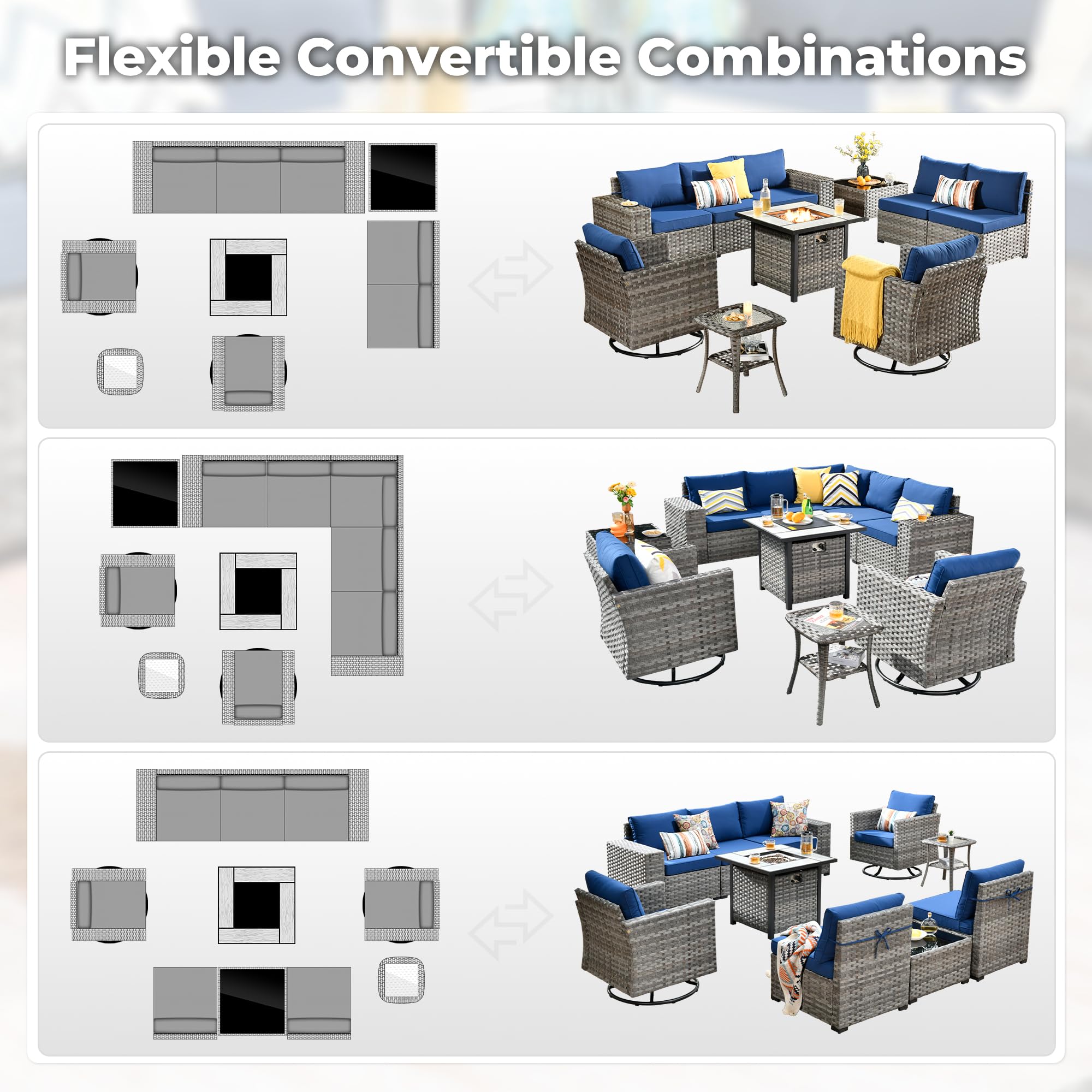OVIOS patio set: convertible designs, gray wicker sectional, fire pit table, swivel chairs, blue cushions