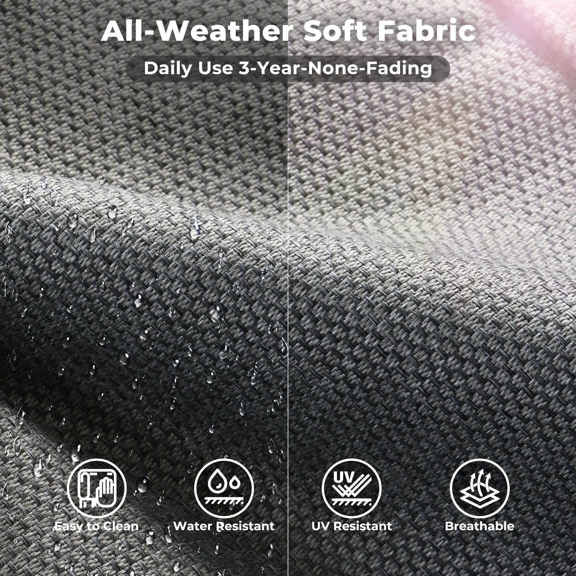 OVIOS outdoor sectional sofa fabric detail: all-weather, UV resistant, breathable, gray