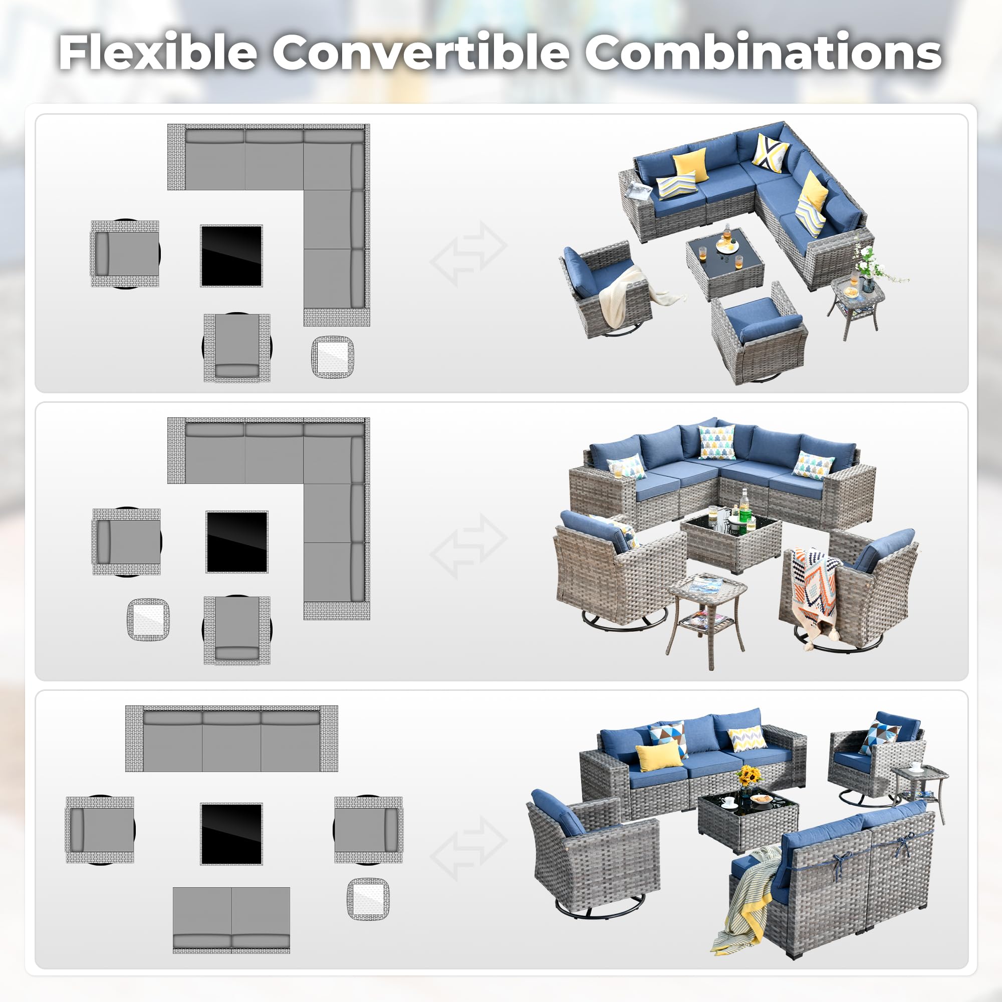 OVIOS Outdoor Furniture Set with Flexible Combinations in Gray Wicker and Blue Cushions - Various Patio Layouts