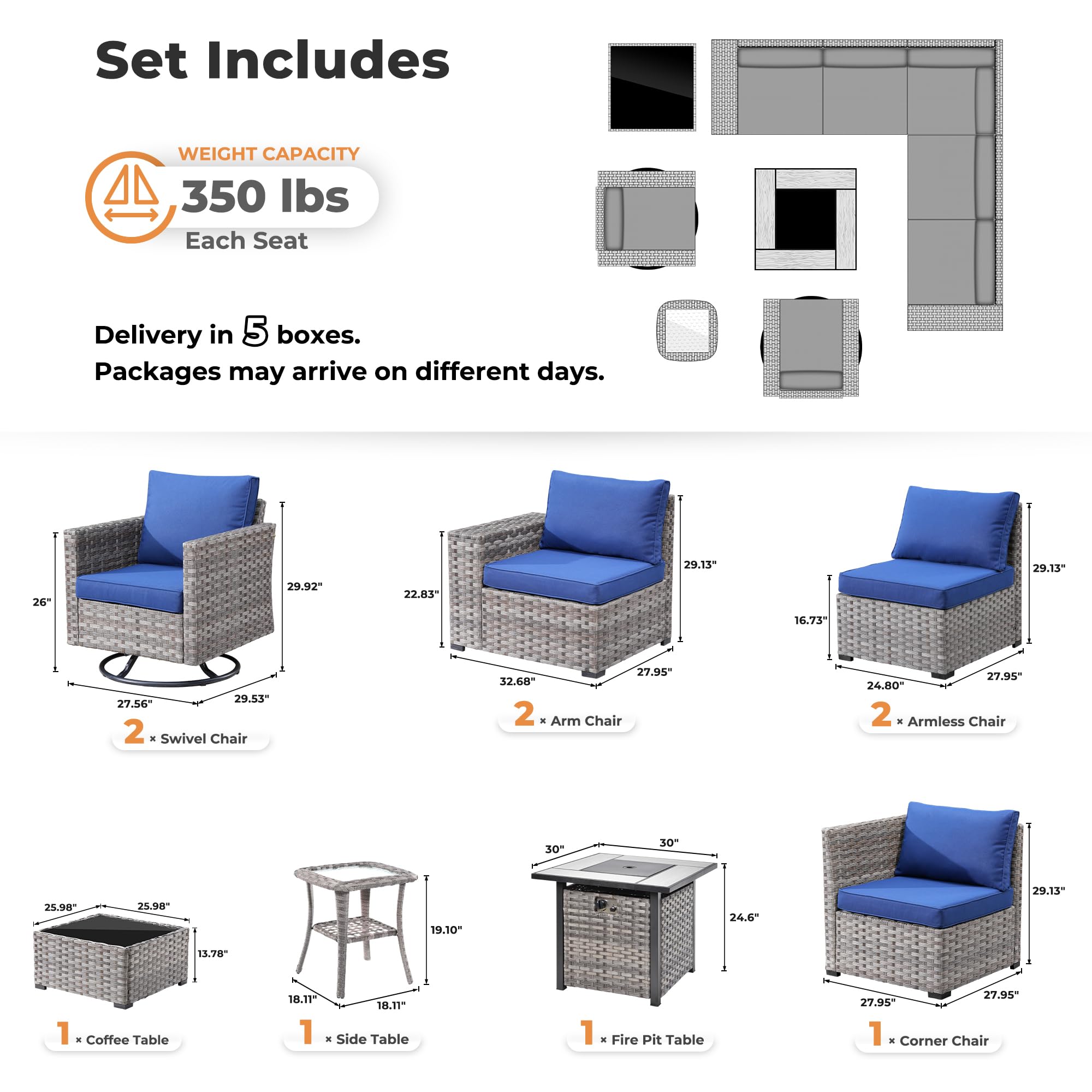 OVIOS 10-Piece Patio Furniture Set diagram: Gray wicker sectional, fire pit, swivel chairs, blue cushions