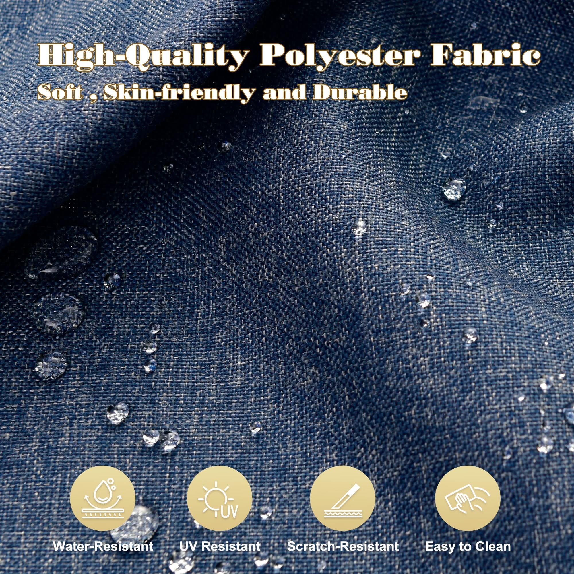 Durable blue polyester fabric with water-resistant finish for Ovios outdoor furniture set cushions.Denim Blue