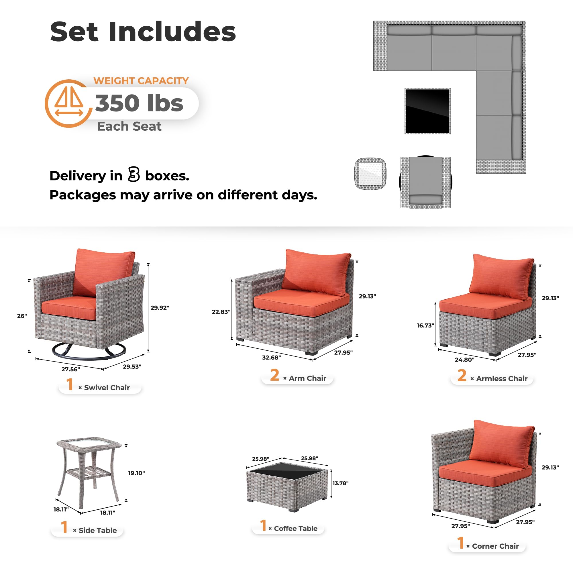 Orange Red Ovios 8-piece patio set: modular grey wicker sectional sofa with swivel chair, orange cushions.