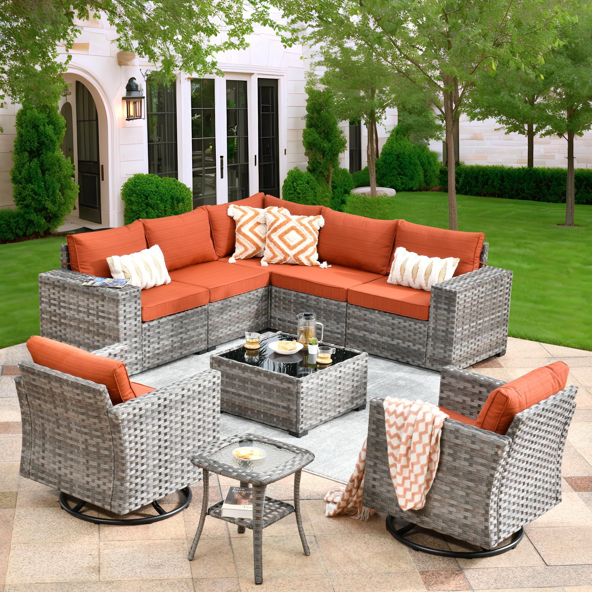 Orange Red OVIOS outdoor furniture set with gray wicker and orange cushions, ideal for patio relaxation
