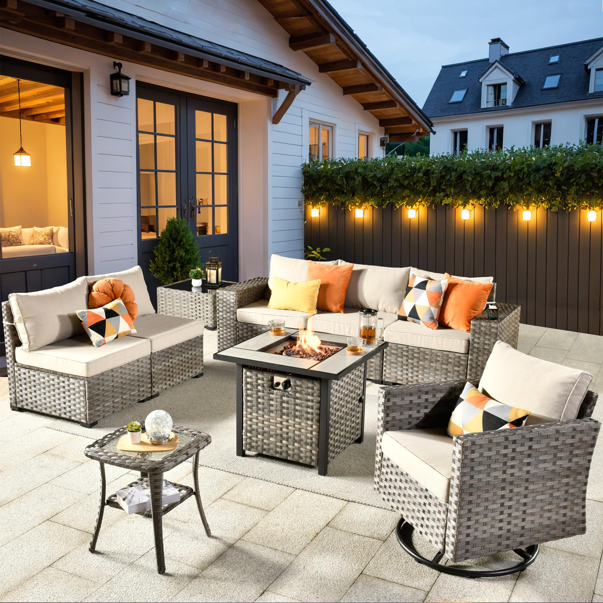 Ovios 9 Pieces Patio Furniture Set, Outdoor Sectional Sofa with Swivel Rocking Chair, 30" Fire Pit Table