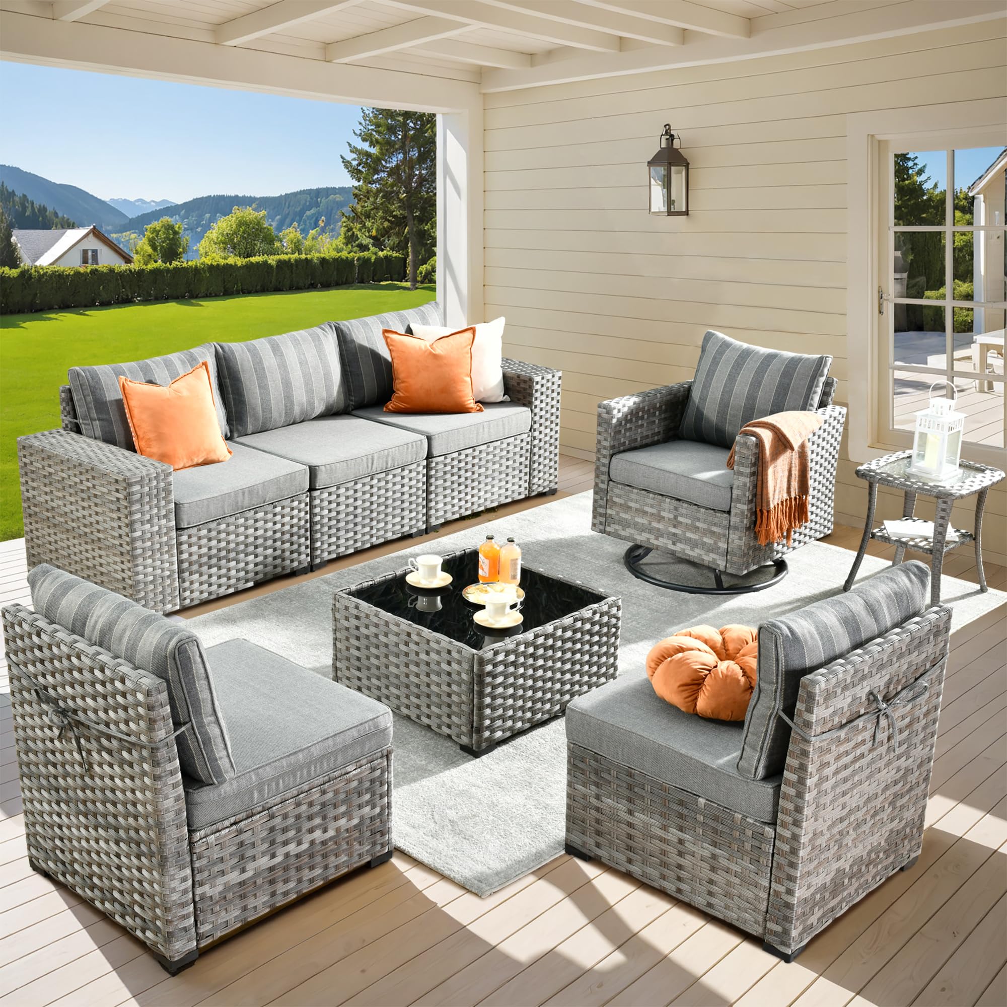 Ovios 8 Pieces Patio Furniture Set, Outdoor Sectional Sofa with Swivel Rocking Chair