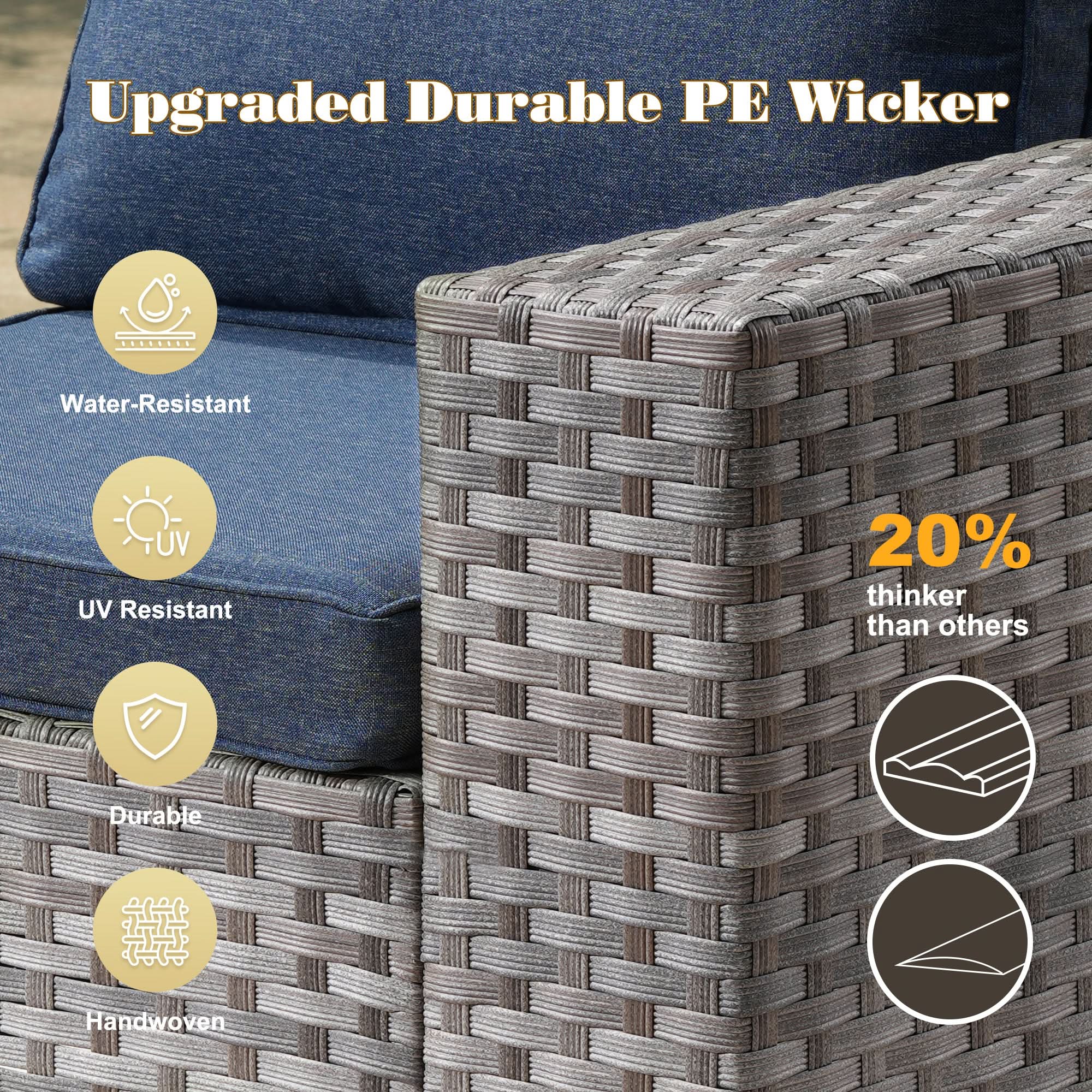 Grey PE wicker outdoor furniture: upgraded, durable, water-resistant, UV-resistant, handwoven.Denim Blue