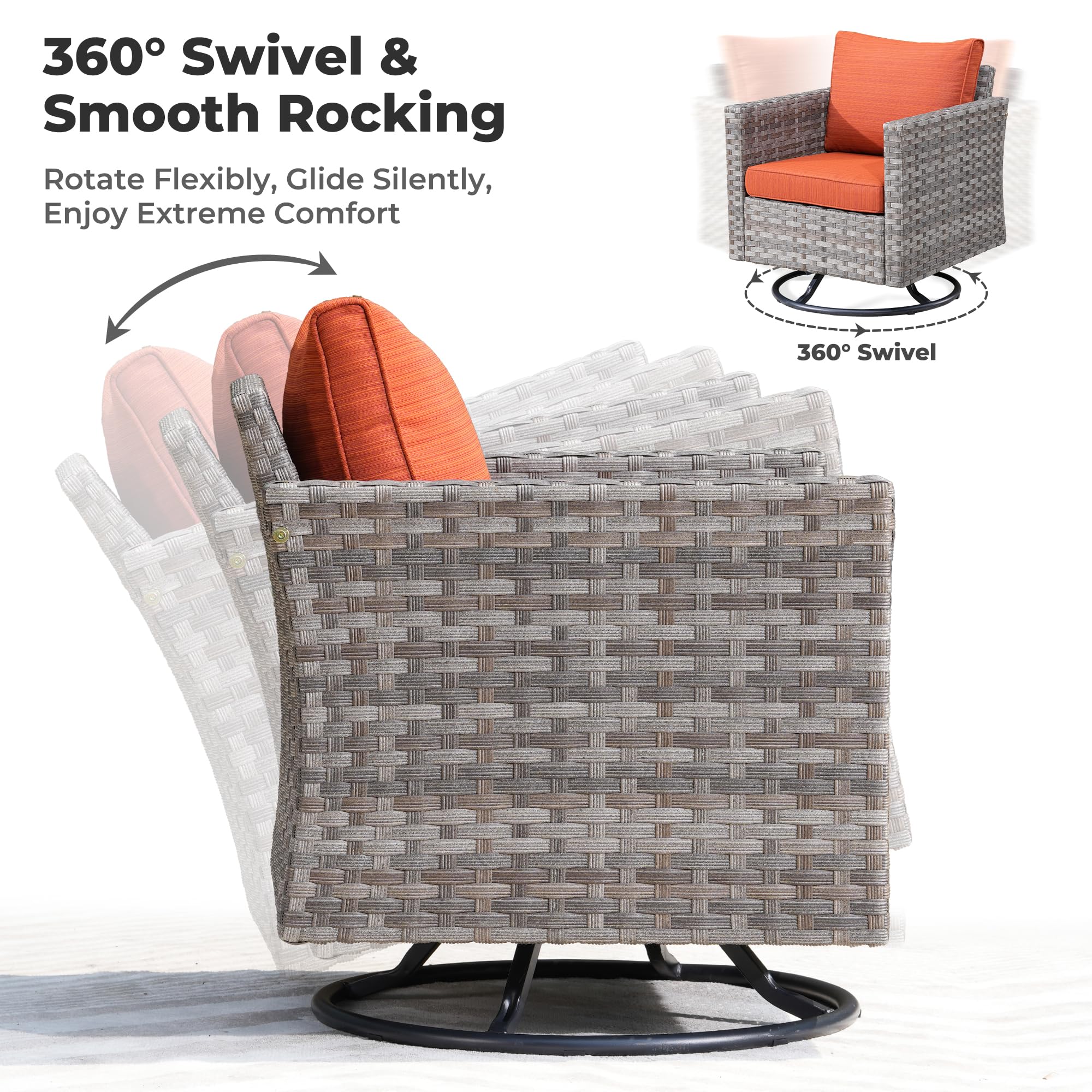 OVIOS outdoor swivel chair with orange cushions, showcasing 360-degree rotation, and smooth rocking