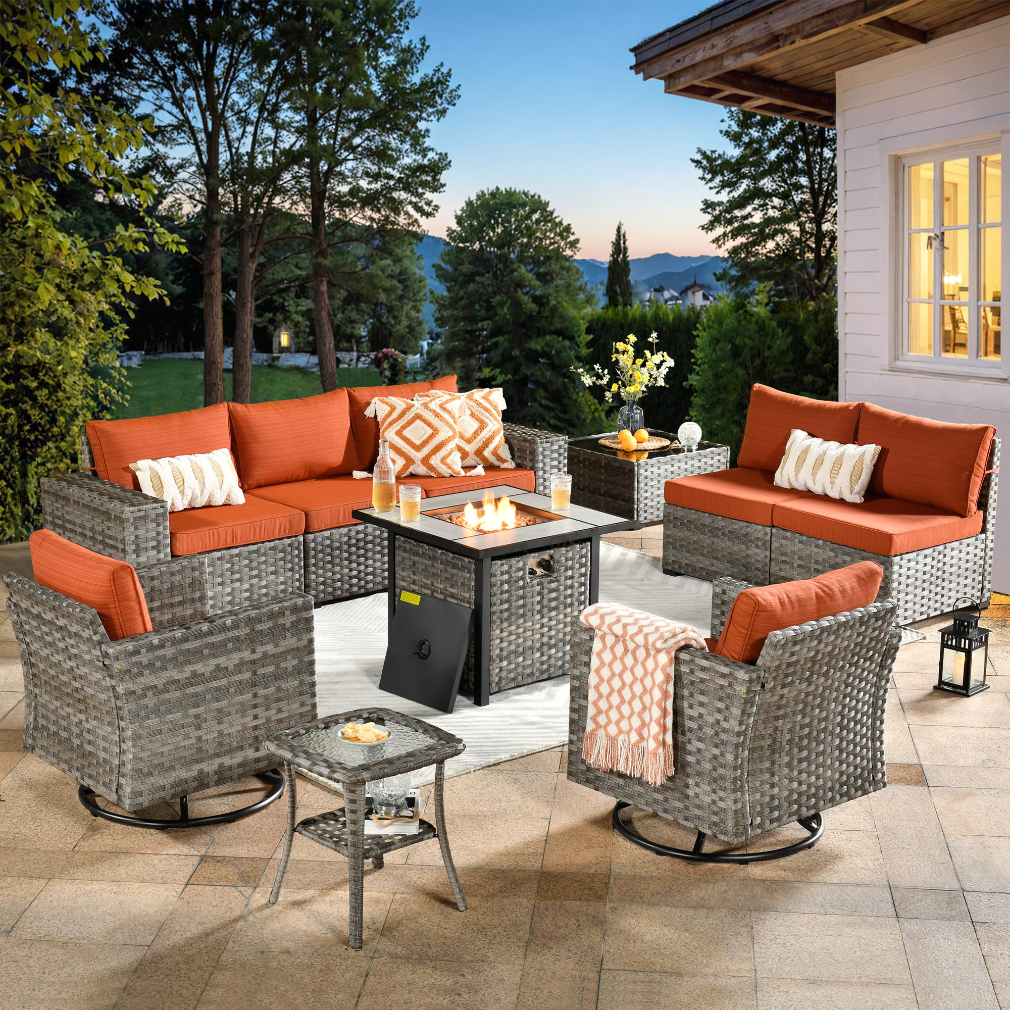 OVIOS 10-Piece Patio Furniture Set with fire pit table, gray wicker sectional sofa, and swivel chairs. Outdoor relaxation.