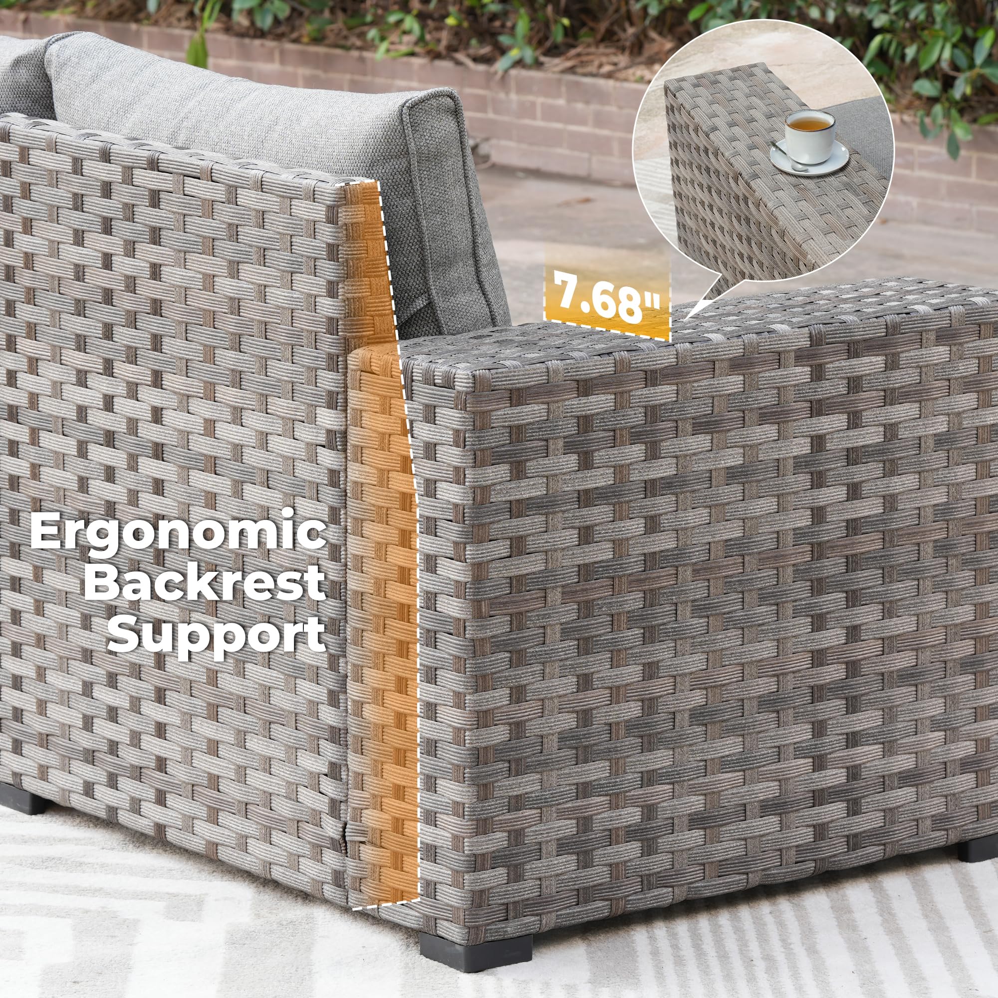 OVIOS outdoor sectional sofa with ergonomic backrest support and 7.68" armrest, featuring gray wicker frame.