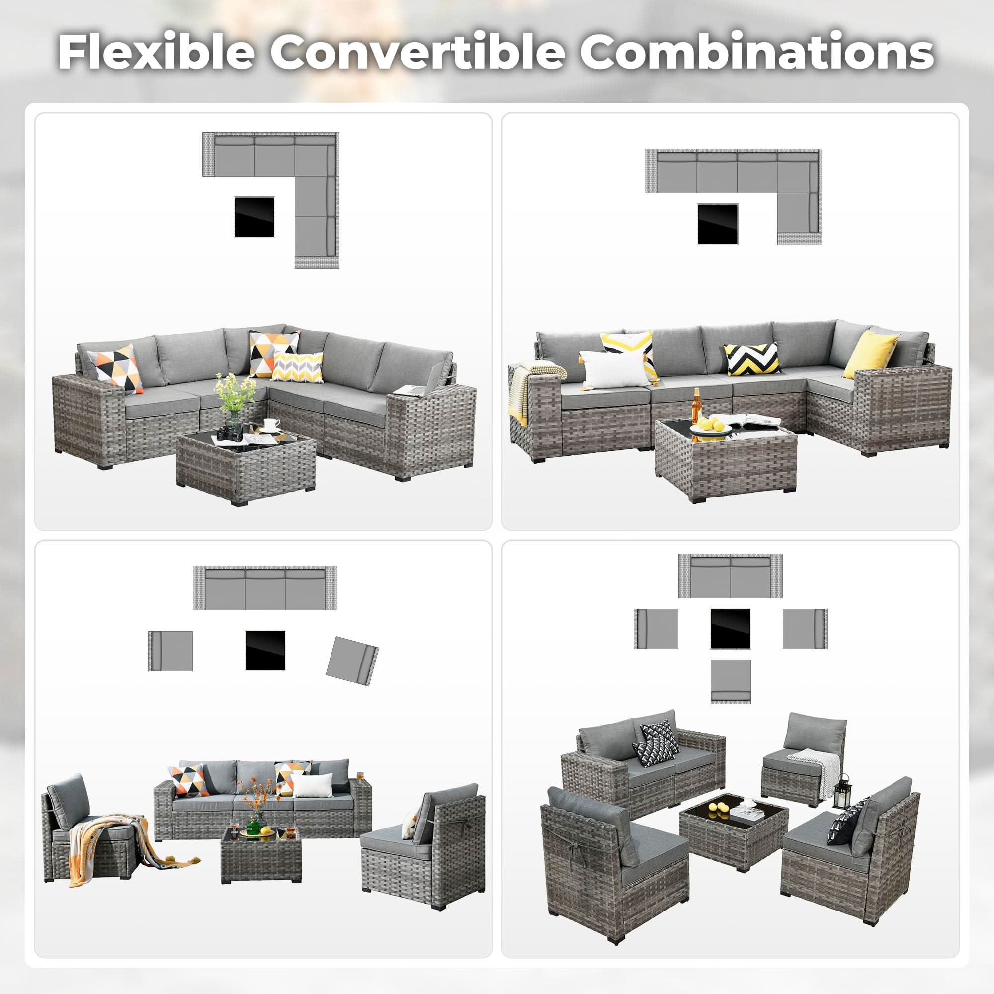 Dark Grey | OVIOS 6-piece outdoor sectional sofa in grey wicker, showing flexible layout combinations.