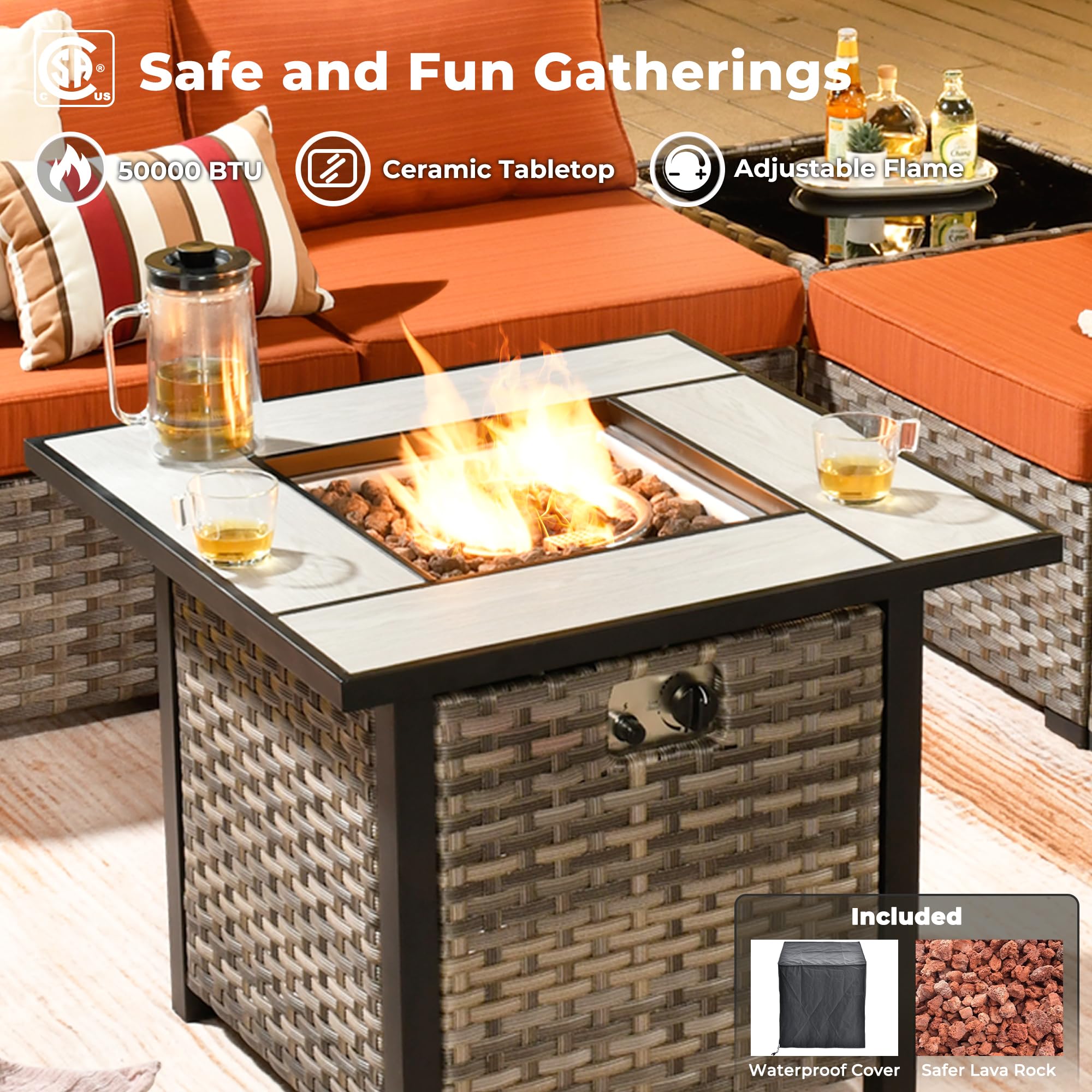OVIOS fire pit table with ceramic tabletop, adjustable flame, and gray wicker base, for safe and fun gatherings.