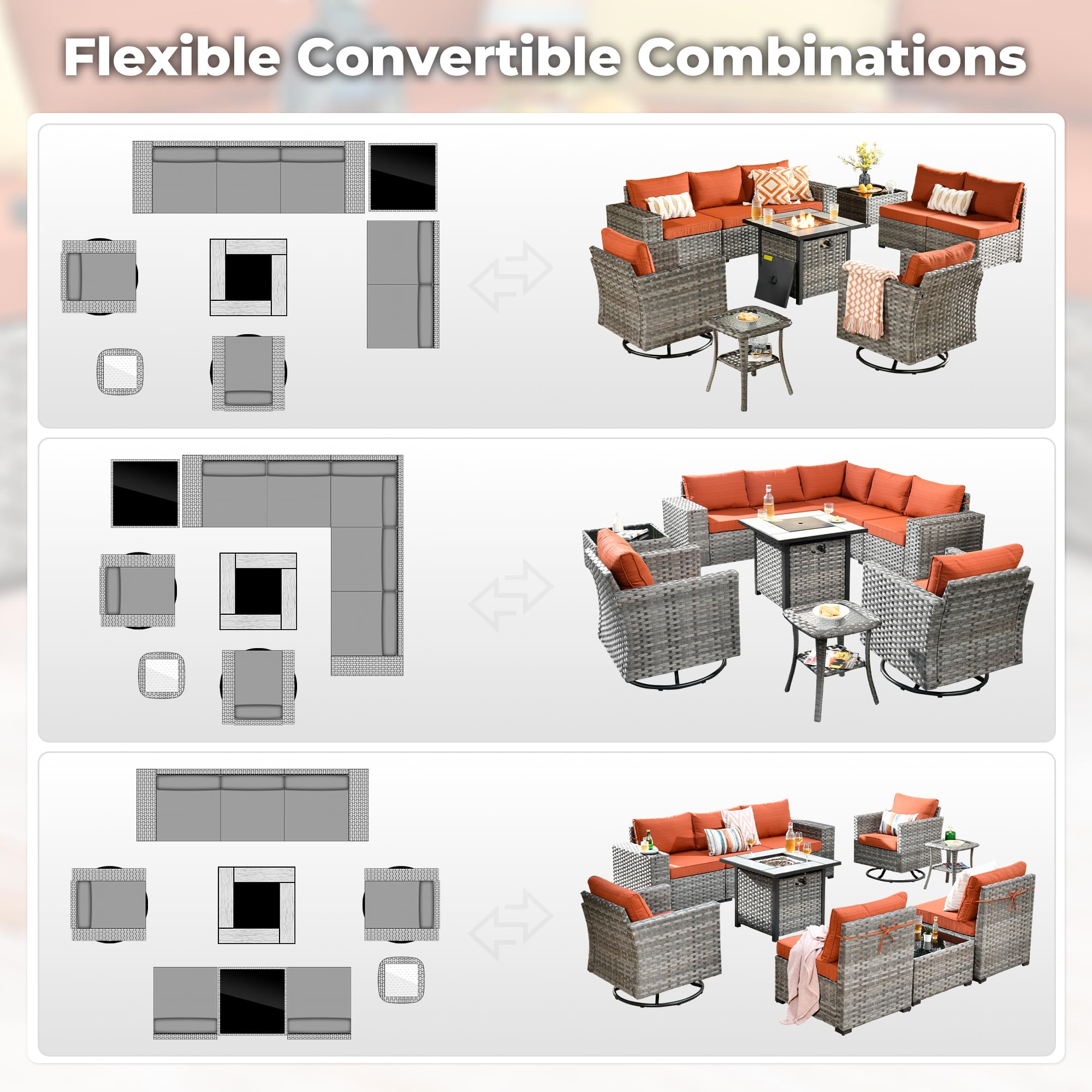 OVIOS patio furniture set with convertible arrangements in gray wicker with orange cushions and fire pit table