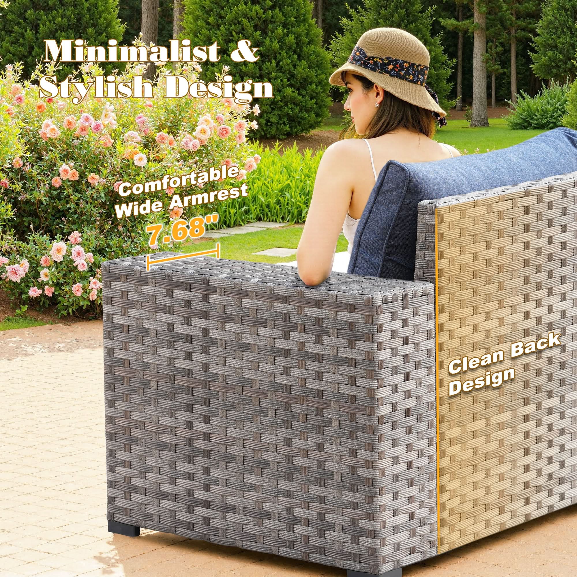 Ovios grey woven patio chair with 7.68" wide armrest & clean back design.Denim Blue