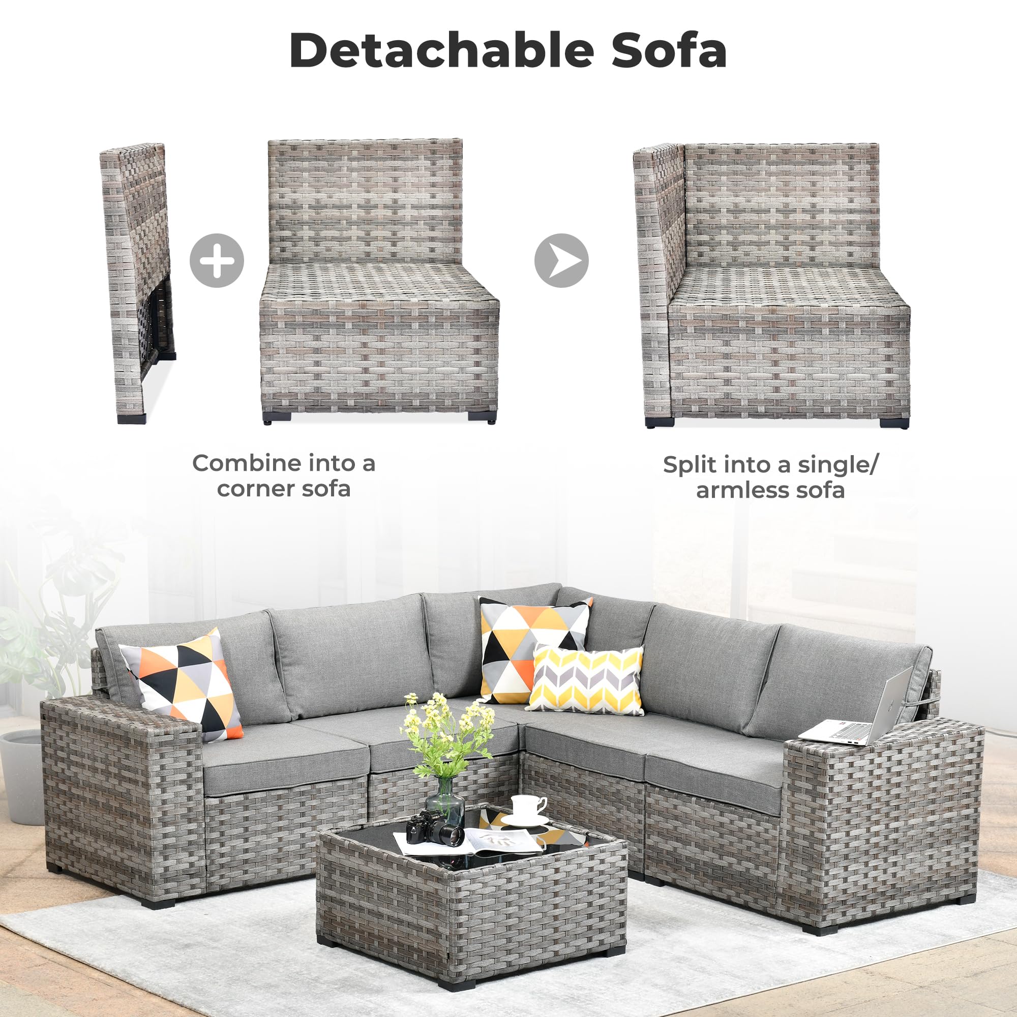 OVIOS Detachable Sectional Sofa in gray wicker, configurable as a corner or single sofa; patio furniture set