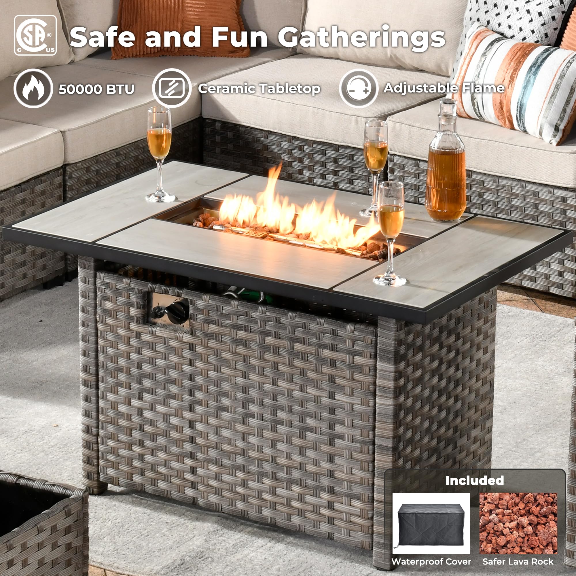 OVIOS 9-piece outdoor set: wicker fire pit table with ceramic top, 50000 BTU, adjustable flame.General