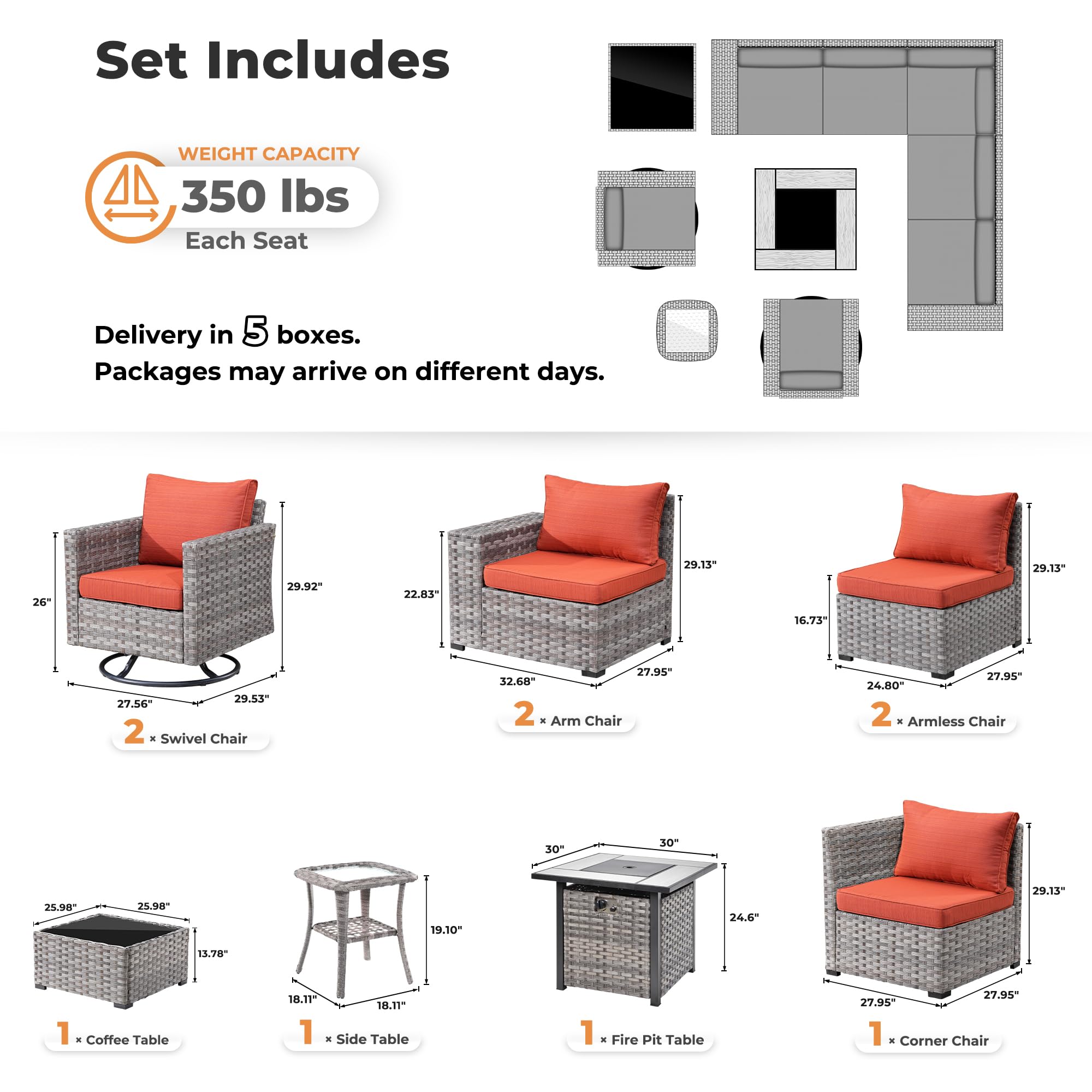 OVIOS 10-Piece Patio Set: gray wicker sectional sofa, fire pit table, swivel chairs, and orange cushions