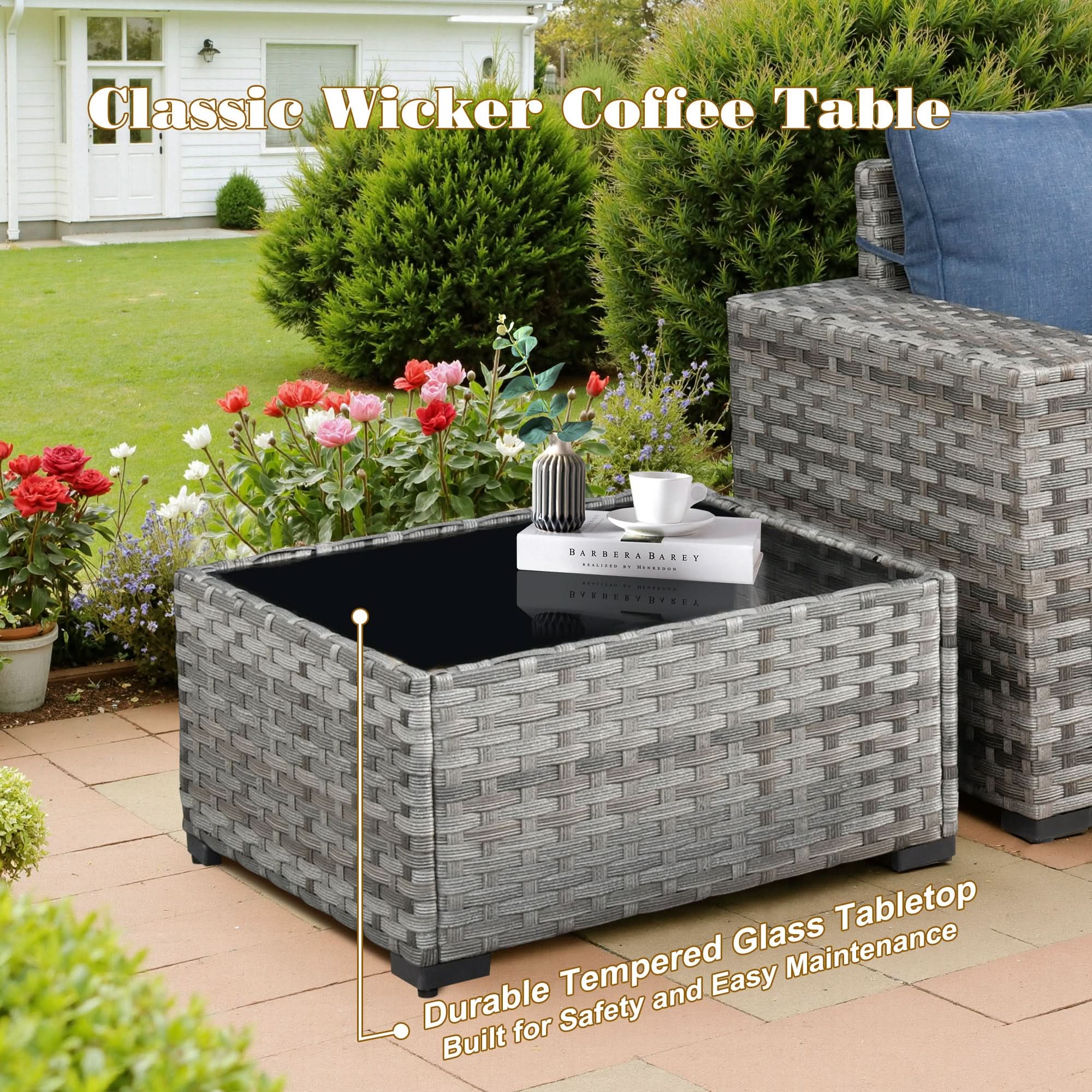 Ovios grey wicker patio set with fire pit table and wide-arm chairs.Denim Blue