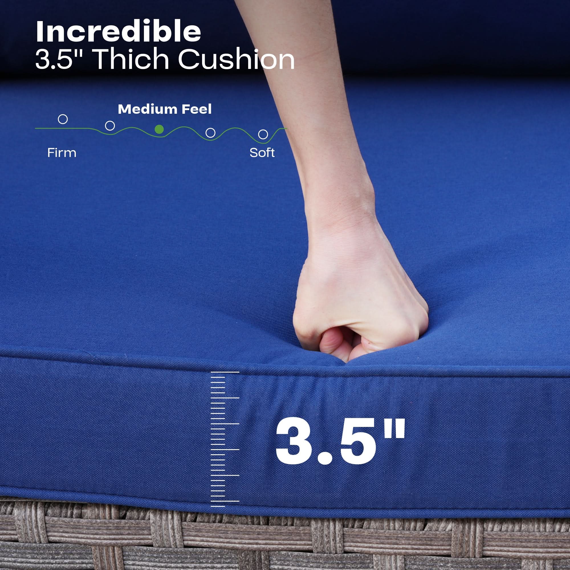 OVIOS blue outdoor cushion, 3.5" thick, demonstrating medium feel for patio comfort.
