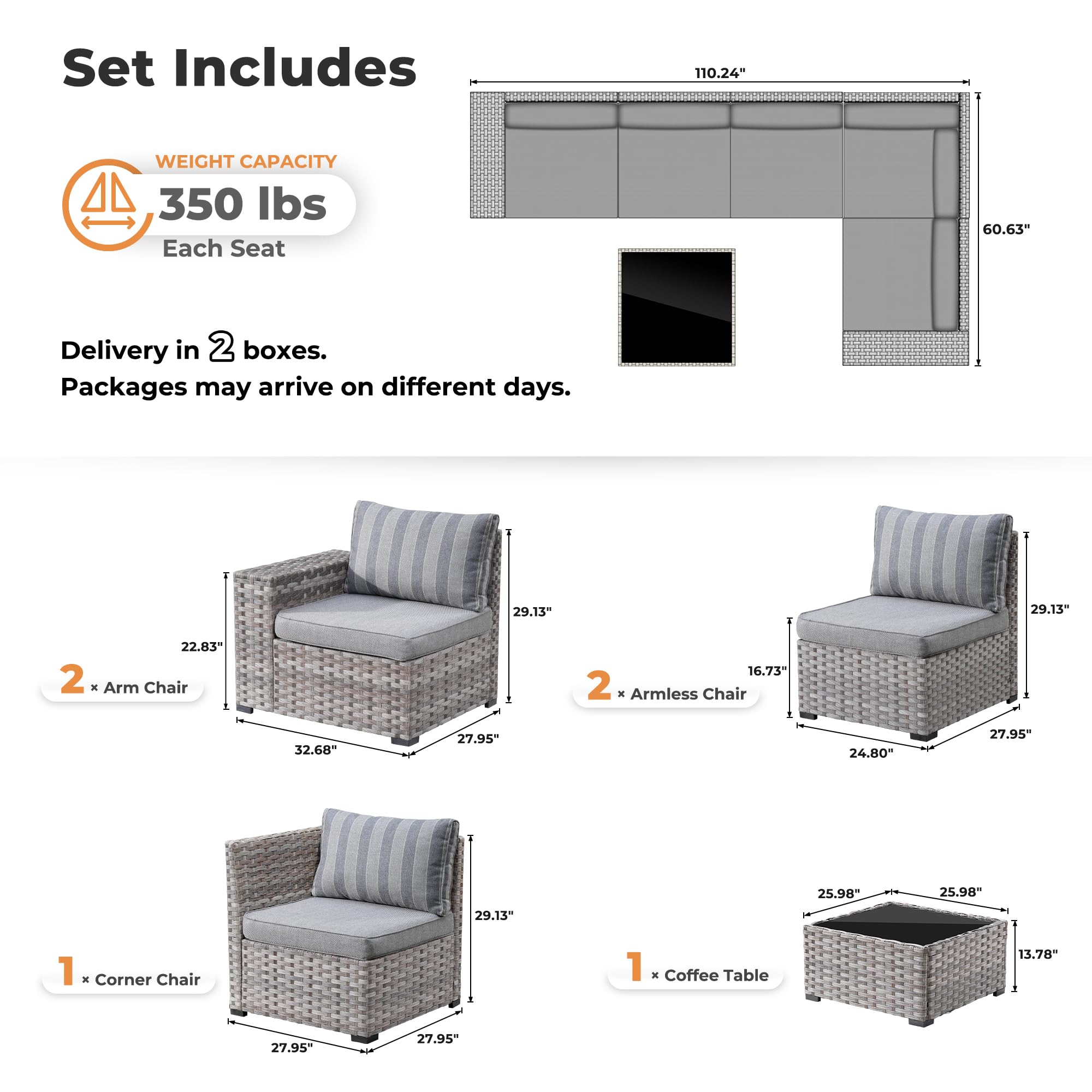 OVIOS 6-Piece Outdoor Sectional Sofa dimensions, including components, weight capacity, and delivery details.