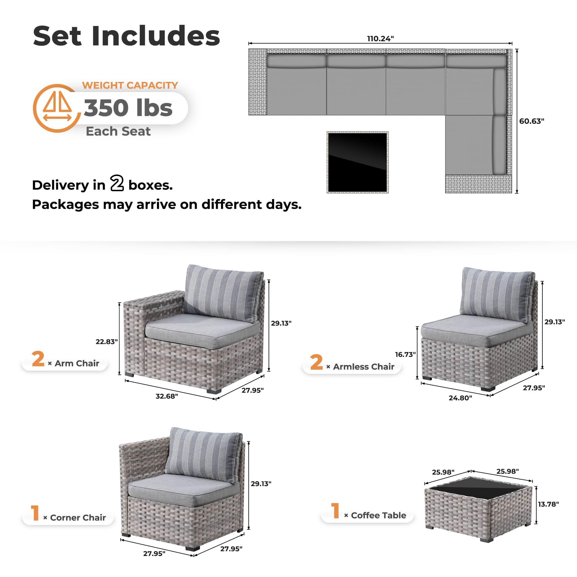 OVIOS 6-Piece Outdoor Sectional Sofa dimensions, including components, weight capacity, and delivery details.strip grey