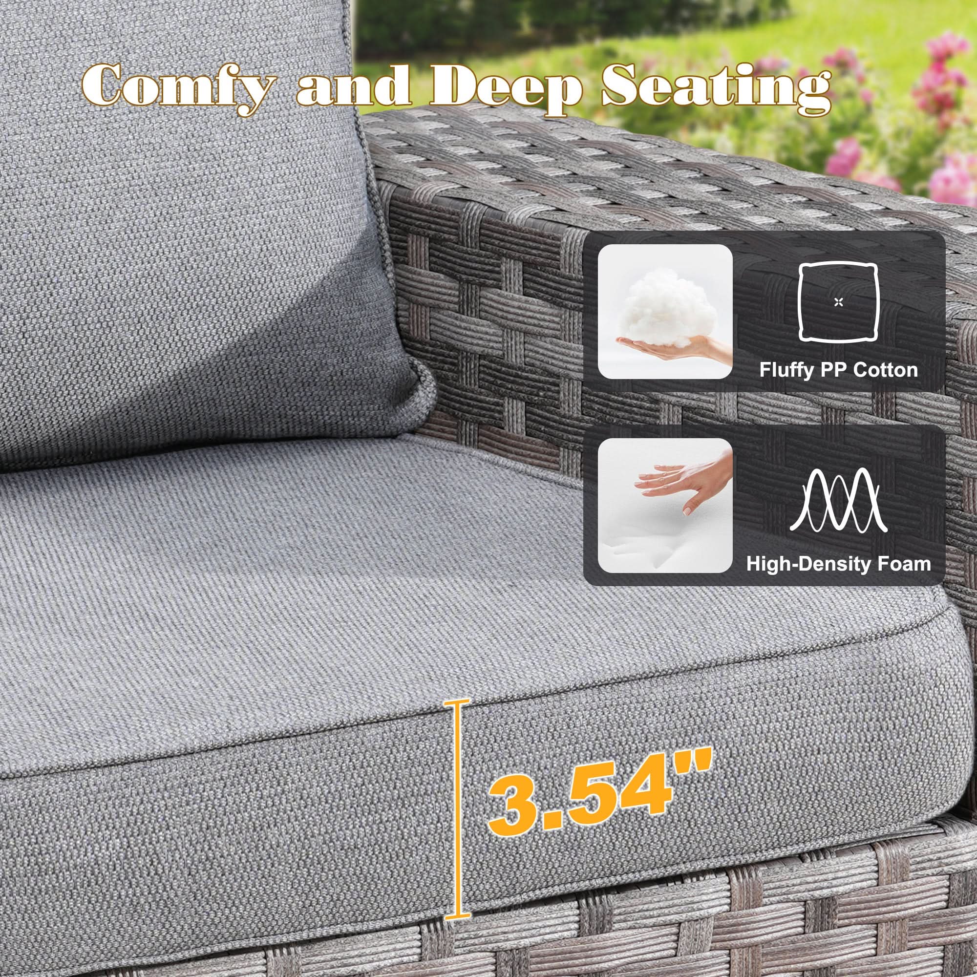 Ovios outdoor patio set: comfy, deep seating, 3.54" thick cushions (PP Cotton, High-Density Foam).Dark Grey