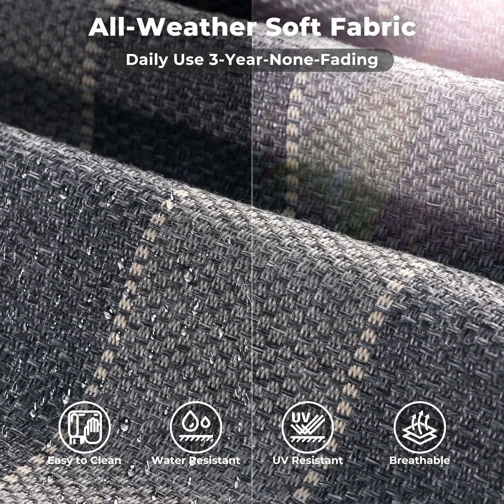 OVIOS outdoor sectional sofa fabric detail: all-weather, water-resistant, and UV-resistant strip grey fabric