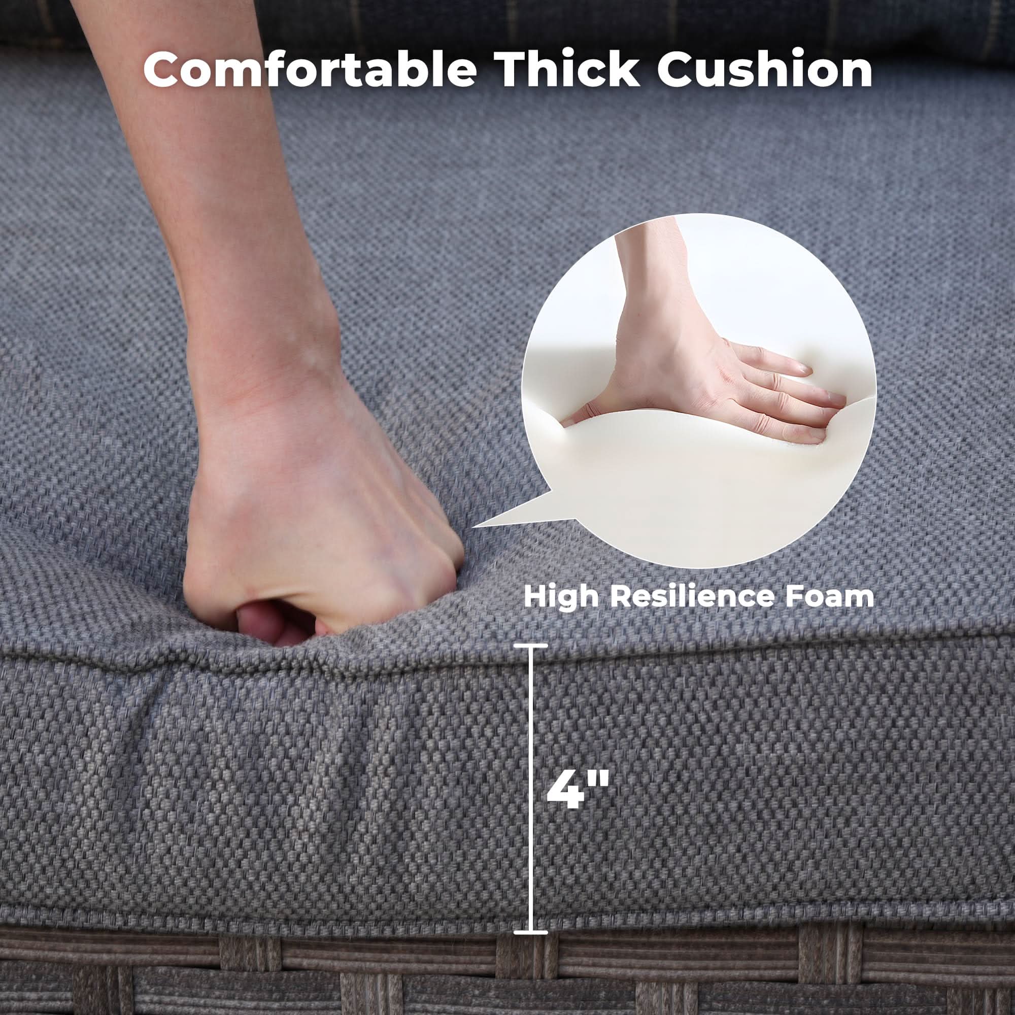 OVIOS sectional sofa detail: 4-inch thick high-resilience foam cushion with gray fabric. Comfortable outdoor seating.