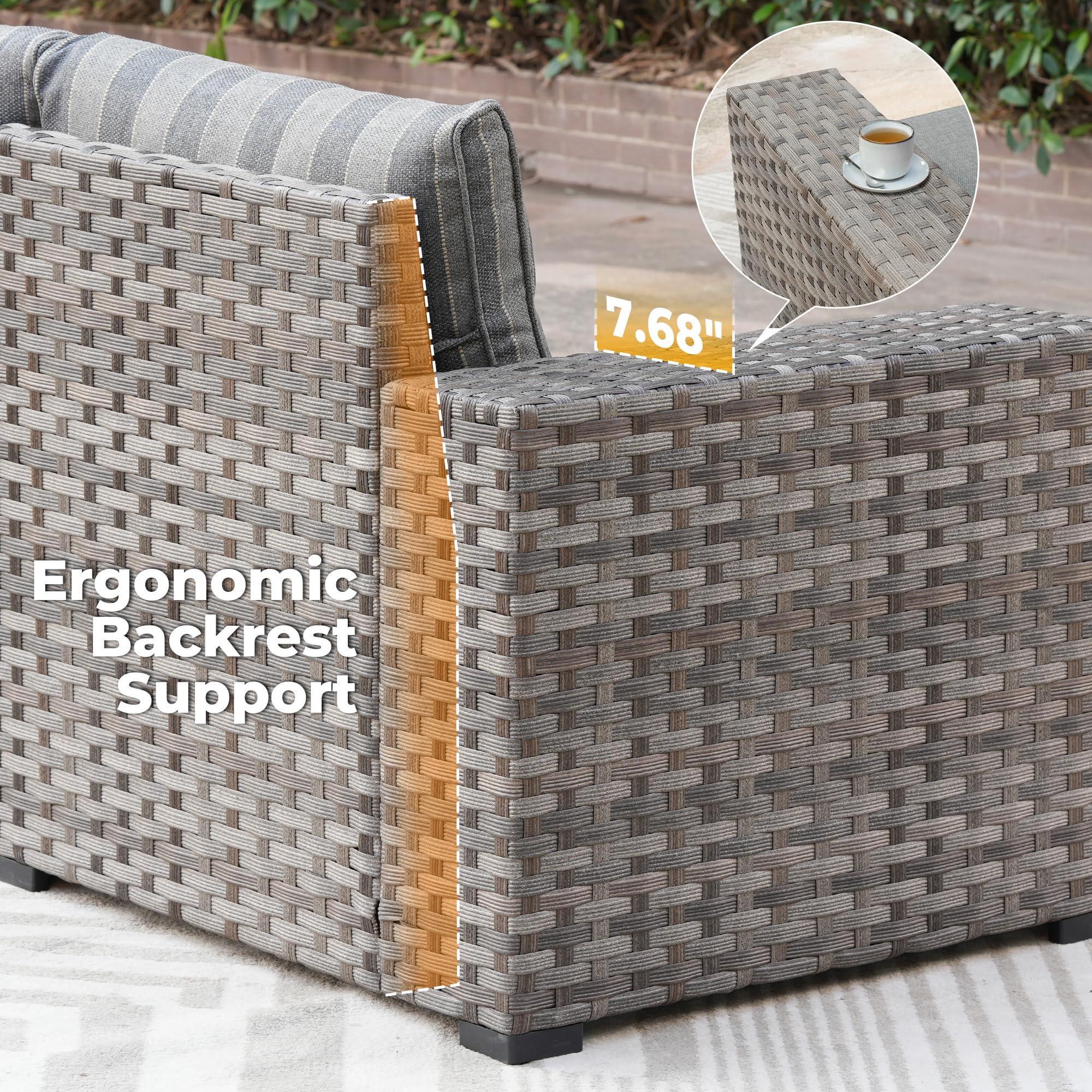 OVIOS outdoor sectional sofa detail with 7.68" armrest and ergonomic backrest support